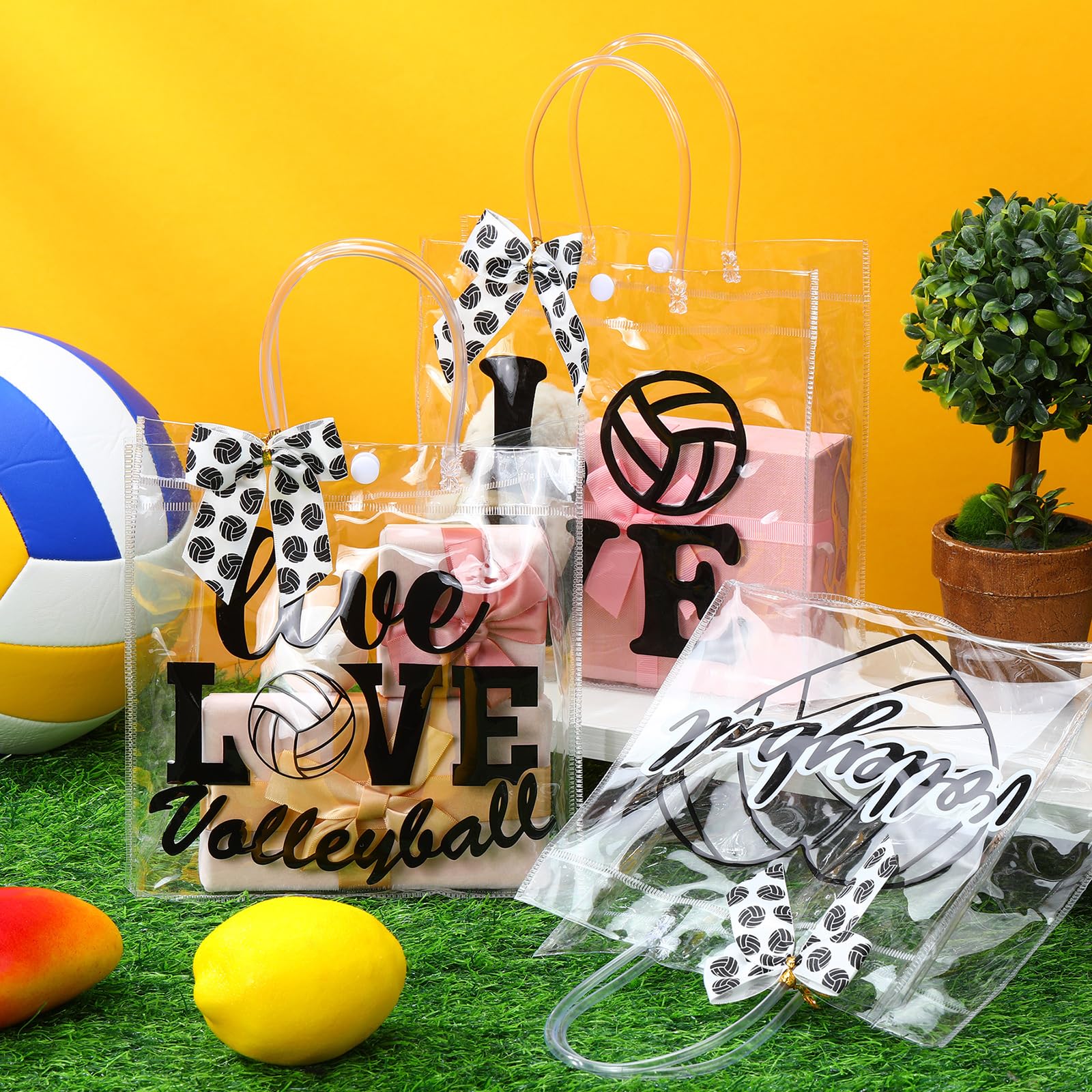 Vicenpal 12 Sets Clear Volleyball Gift Bag with Handles 12 Pcs Bows PVC Plastic Volleyball Treat Goodie Snack Bags 7.9 x 7.9 x 3.1'' Sport Theme Party Favors for Birthday Holiday Sports Team Gifts