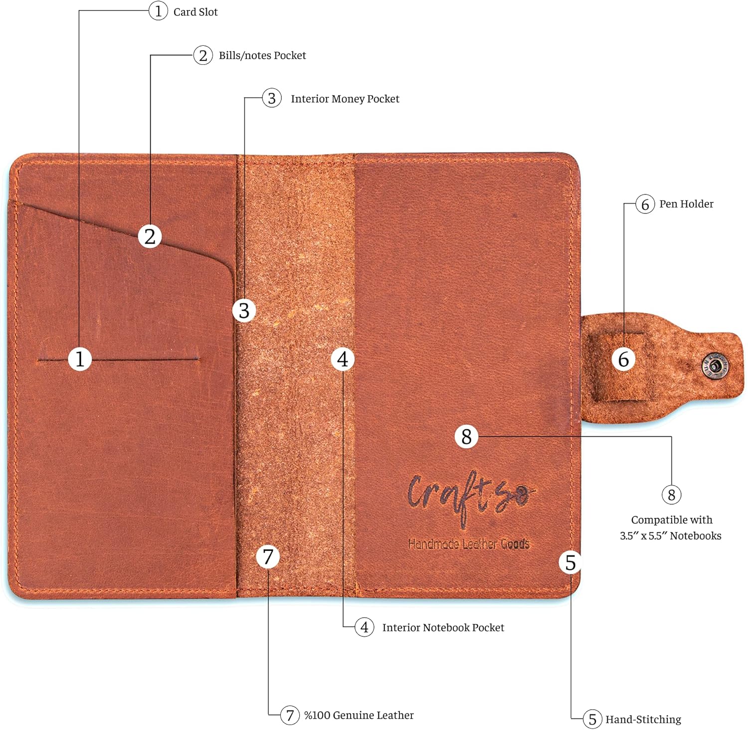 Leather Field Notes Wallet, Hand-Crafted Genuine Cover, INCLUDES 1 Craftso Notes, Perfect Fit for 3.5'' x 5.5'' Notebooks, Handmade Premium Journal, Notebook Brown
