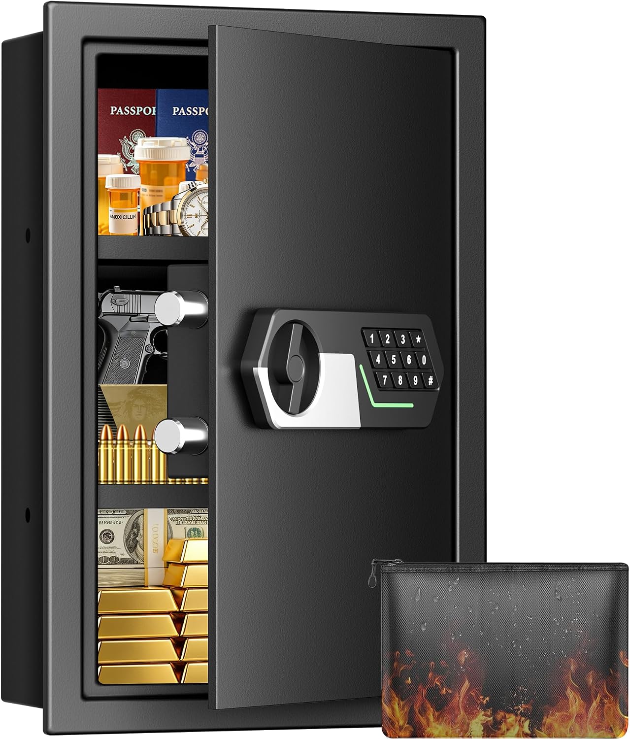 22'' Tall Fireproof Wall Safes Between the Studs, Fire Security In Wall Safe with Digital Keypad, 2 Removable Shelves and Fireproof Bag, Anti-Theft Hidden Safe for Home, Pistols, Cash, Documents