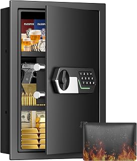 22'' Tall Fireproof Wall Safes Between the Studs, Fire Security In Wall Safe with Digital Keypad, 2 Removable Shelves and Fireproof Bag, Anti-Theft Hidden Safe for Home, Pistols, Cash, Documents