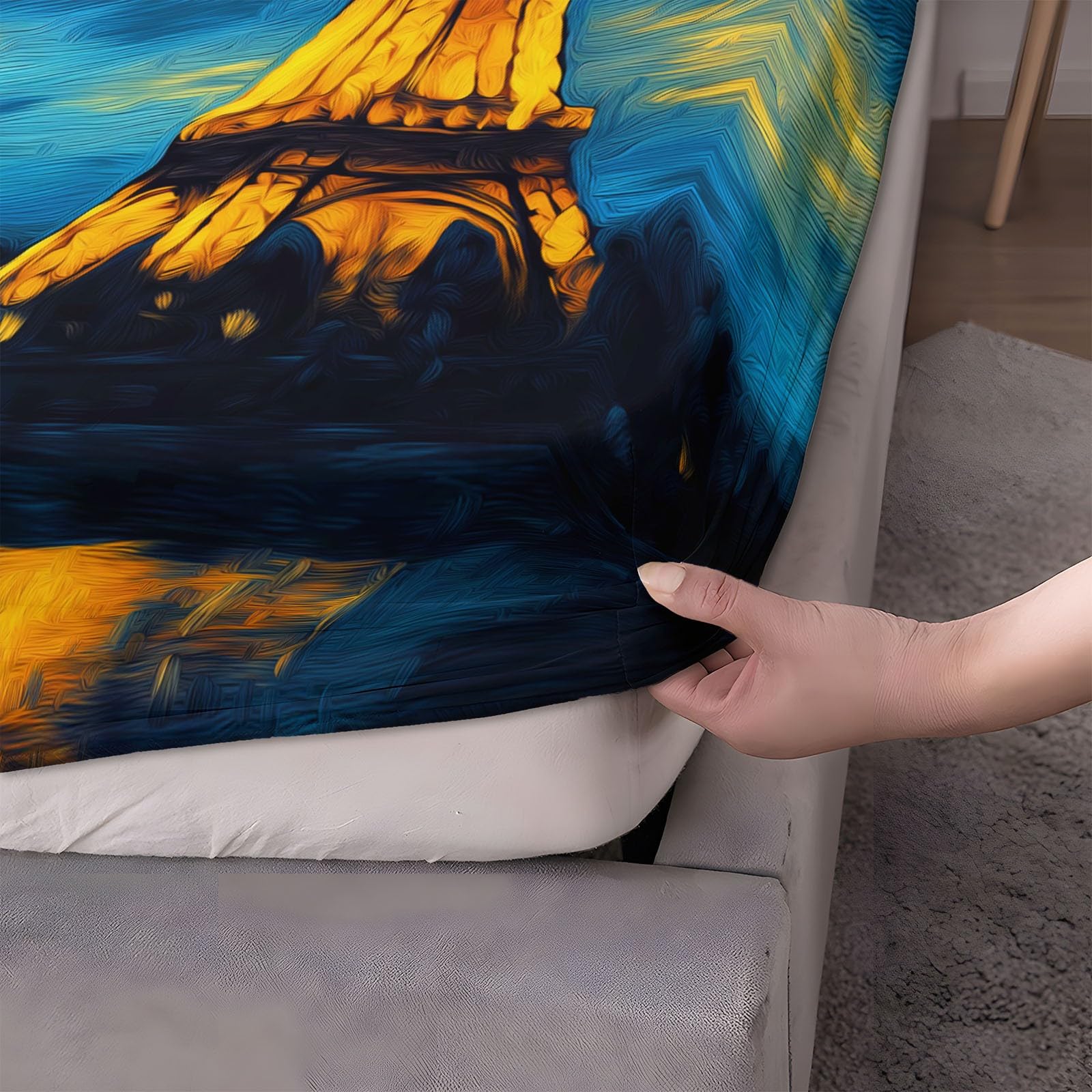 Film Notte Stellata Torre Eiffel Lenzuola con Angoli Lussuose, Blu scuro Lenzuolo con Angoli per Bambino e Adulto, 180 x 200 cm Profondità 30 cm, Lenzuola Resistenti allo Sbiadimento