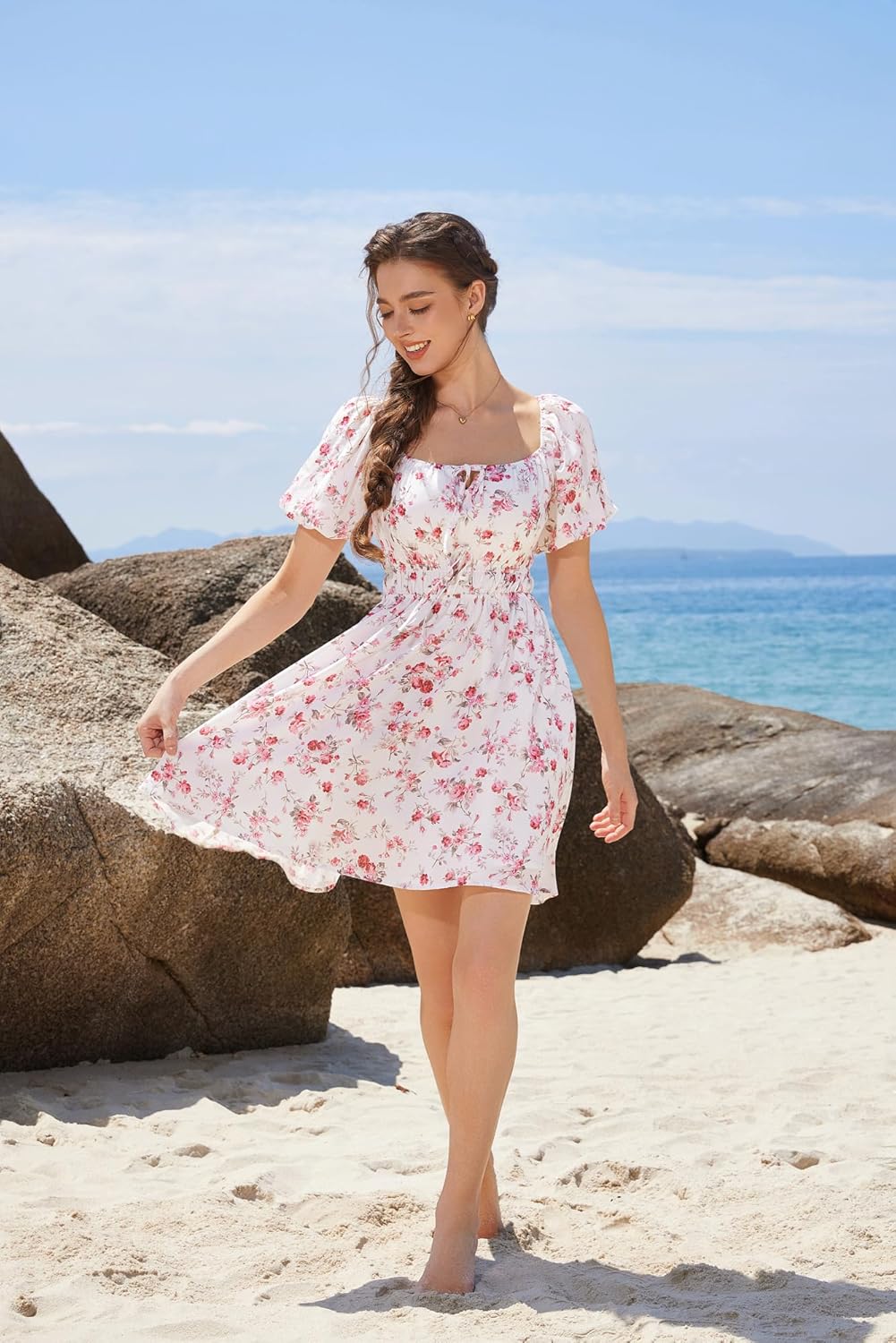 Scarlet Darkness Women's Off The Shoulder Summer Dress Floral Puff Sleeve Renaissance Dresses - Image 7