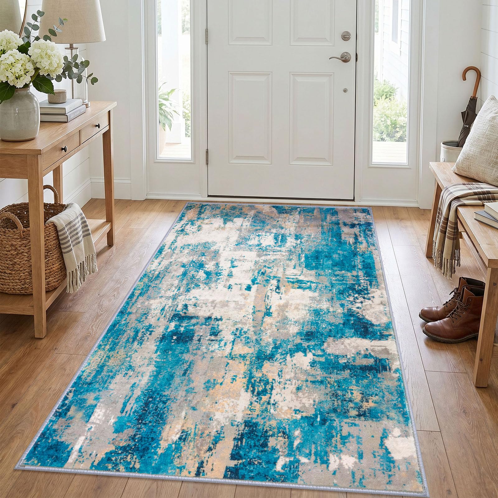 KOZYFLY Abstract Washable 3x5 Area Rug for Entryway Turquoise/Beige/Grey — image 1