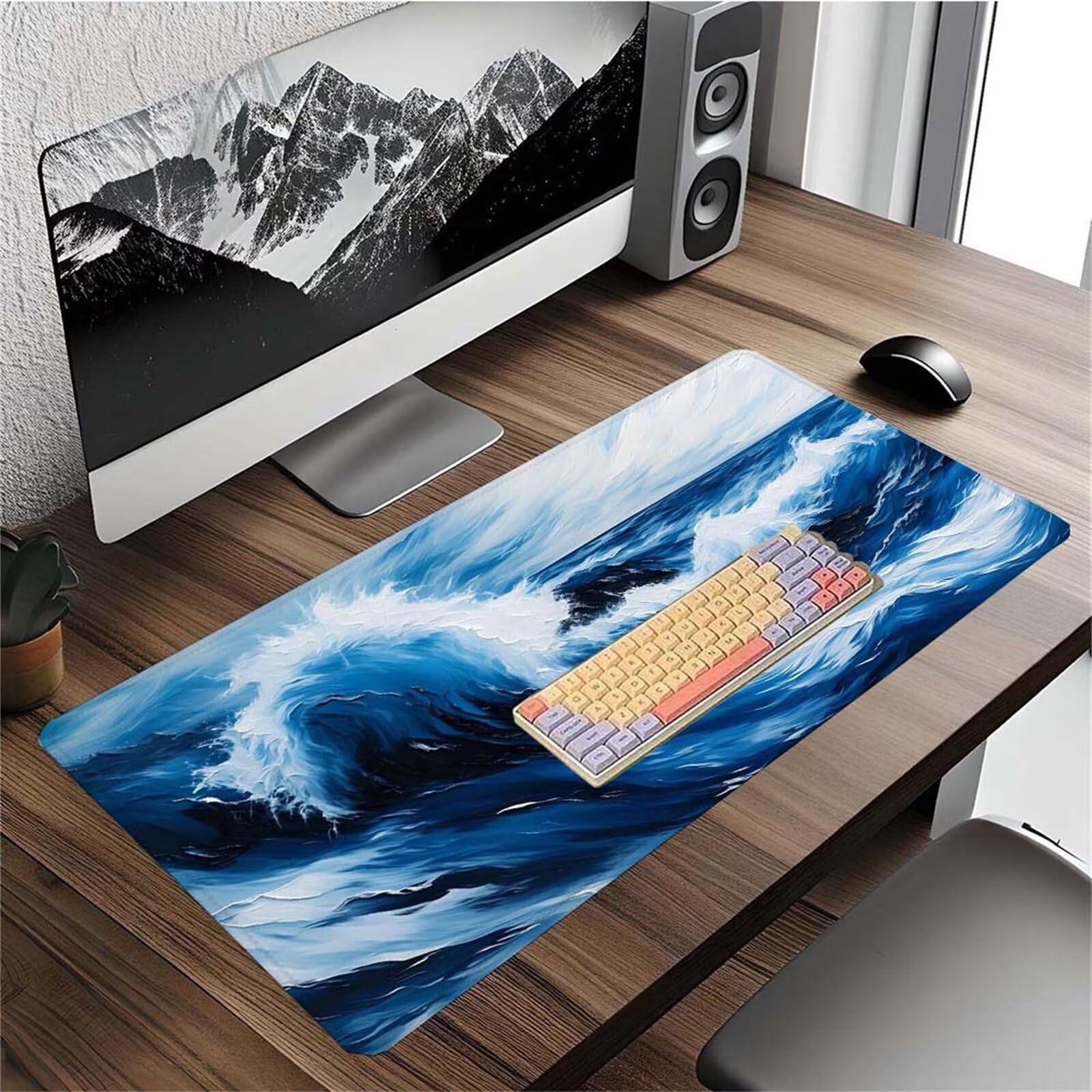Alfombrilla Ratón Japón Ondas Alfombrilla Ratón XXL 1400x600x3mm Mouse Pad Resiste Salpicaduras, Extendida de Gran Tamaño con Bordes Cosidos, Mejora Precisión y Velocidad,Antideslizante,Duradera y-391