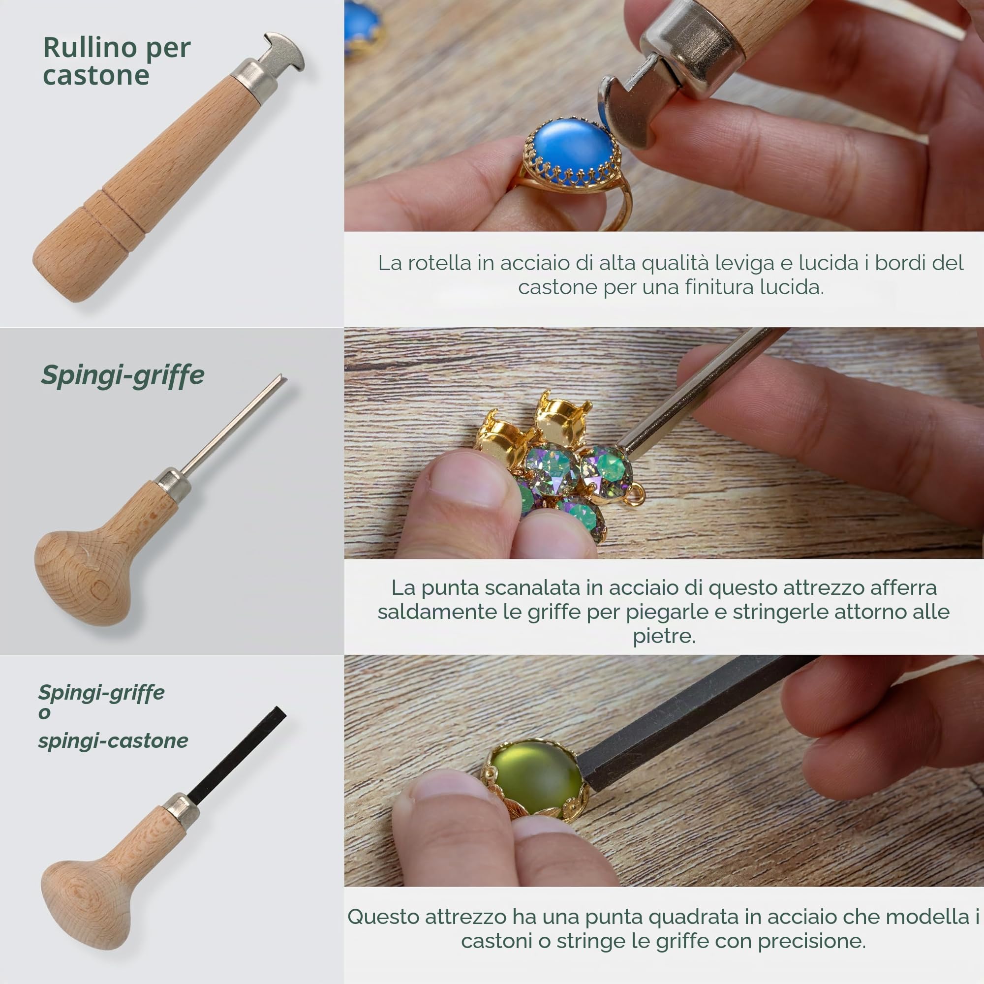 The Beadsmith Kit di strumenti per incastonatura di pietre - Set per la creazione di gioielli da 3 pezzi, include spingicastello a punta quadrata, spingicastello a punta scanalata e rullo per castone