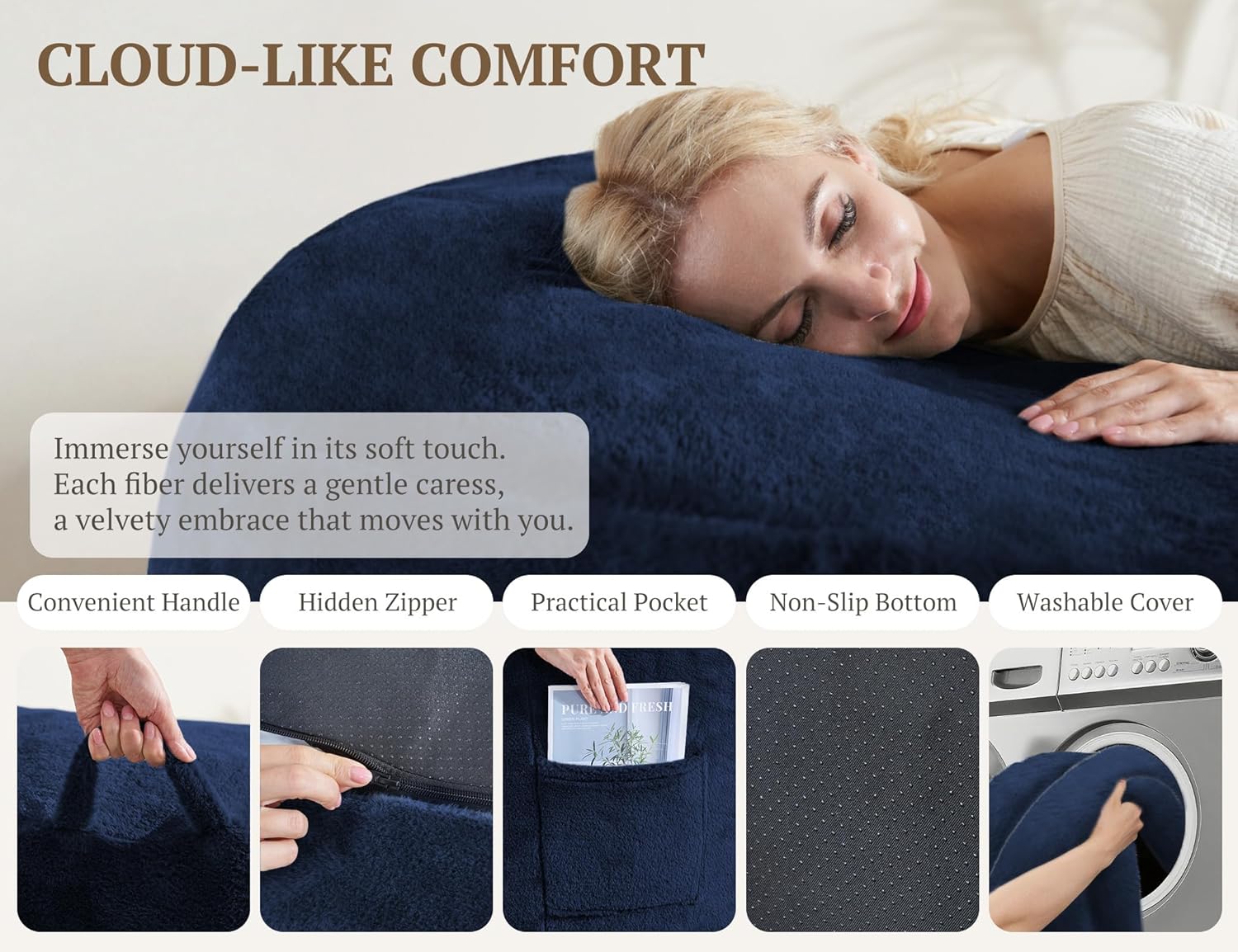 WSOFRLAC 4FT Bean Bag Chair, Soft Bean Bags Chairs for Adults, Giant Memory Foam Filled Beanbag with Washable Cover, Plush Lazy Sofa with Pocket Handle Zipper for Living Room Bedroom Dorm, Navy Blue