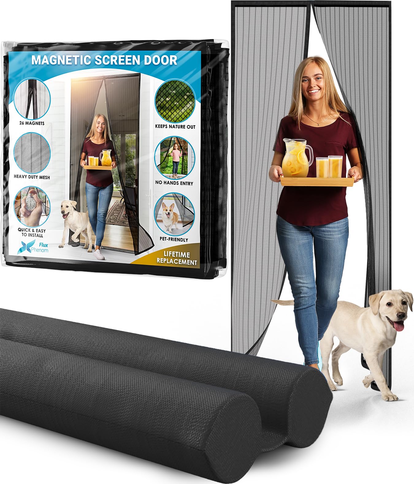 Flux PhenomMagnetic Screen Door & Everlasting Comfort Door Draft Stopper - Keep Nature Out - Drafts, Noise, Lights Blocked