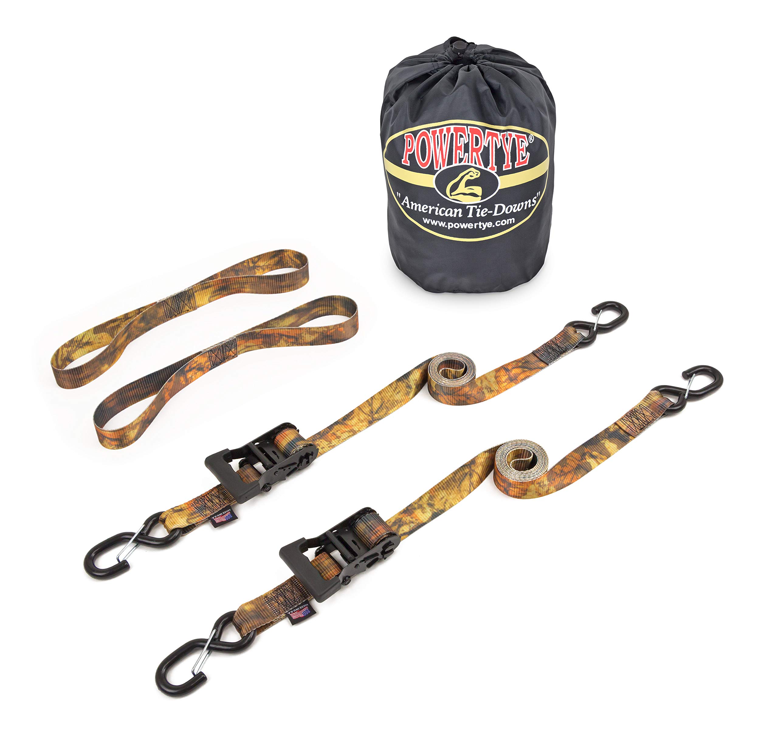 PowerTye1.5in x 8ft Fall Forest Camo Ratchet Kit with Black Ratchet, Latch Hooks, and Soft-Tye - Made in USA - 800 lb. Working Load Limit / 2,400 lb. Breaking Strength