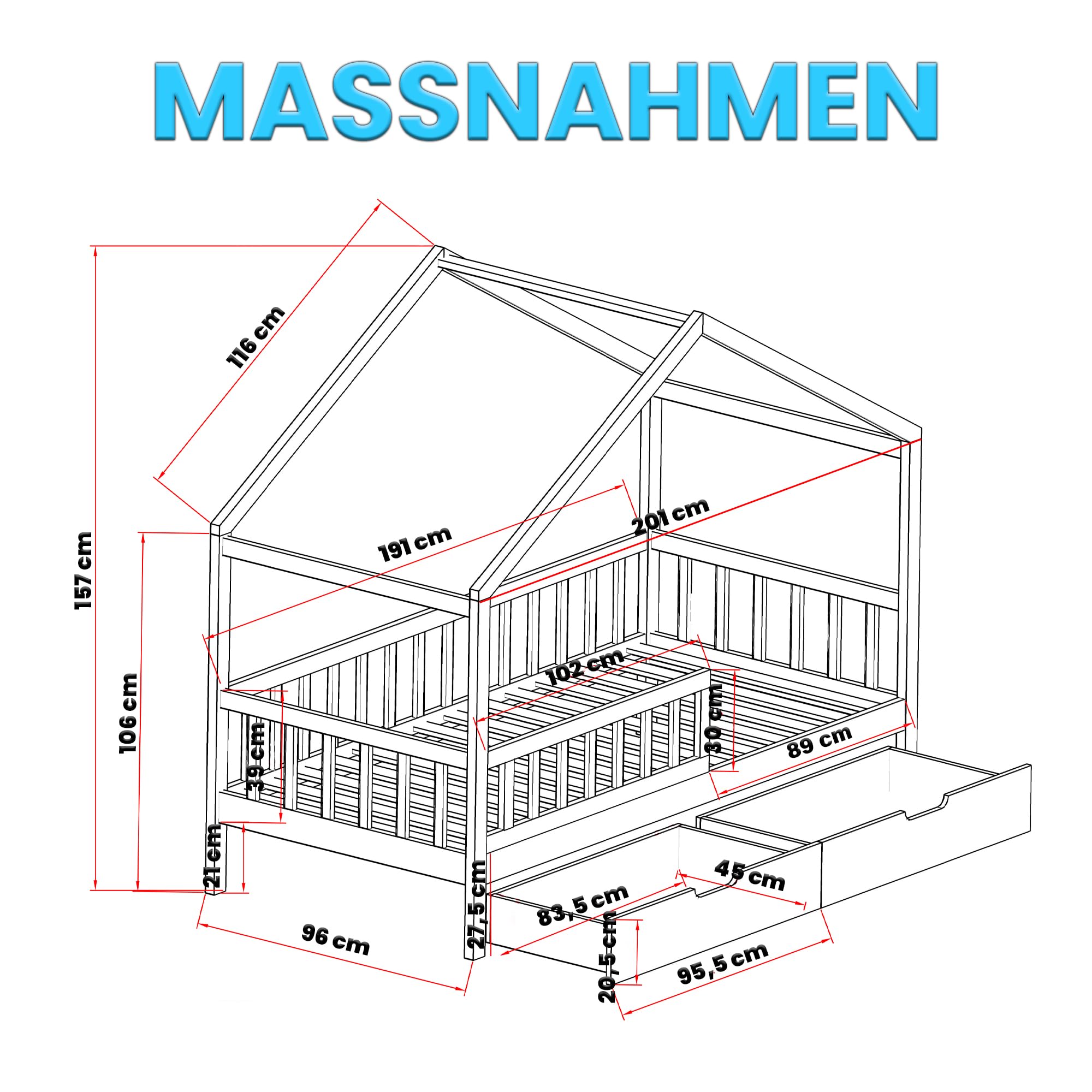 Kinder Hausbett 90x200 cm aus Massivholz Kiefer – Weiß – mit 2 Schubladen, Lattenrost & Rausfallschutz – Kinderbett im Haus-Design (ohne Matratze)