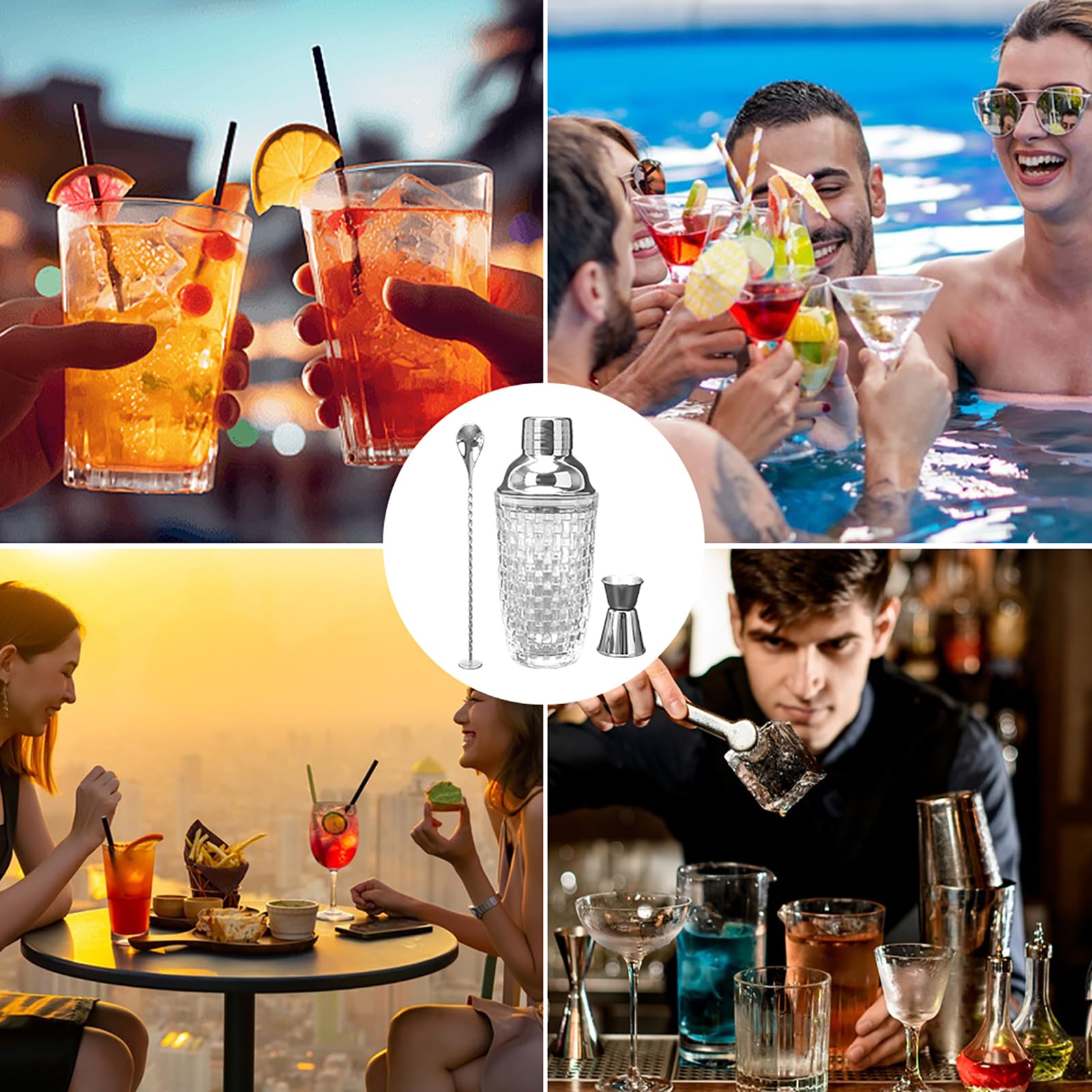 Coctelera de cristal, juego de coctelera de 400 ml, mezclador de cristal con vaso medidor de acero inoxidable y pala, coctelera para el hogar, bar, vino, zumos de frutas mixtas, bebidas, plata