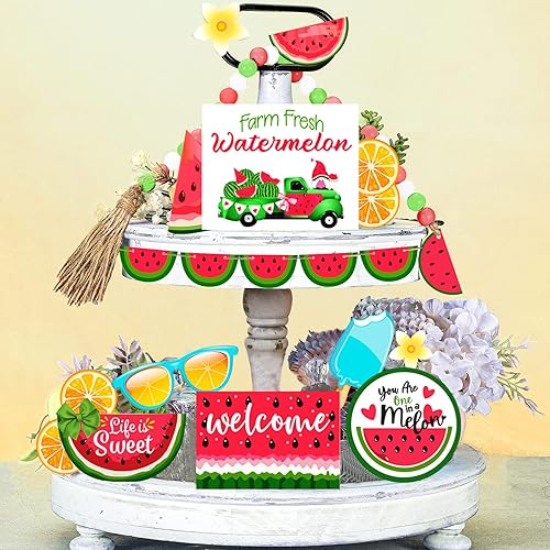 10 piezas de decoración de bandeja escalonada de verano de madera de granja, decoración de bandeja escalonada de limón, sandía, fresa, girasol,
