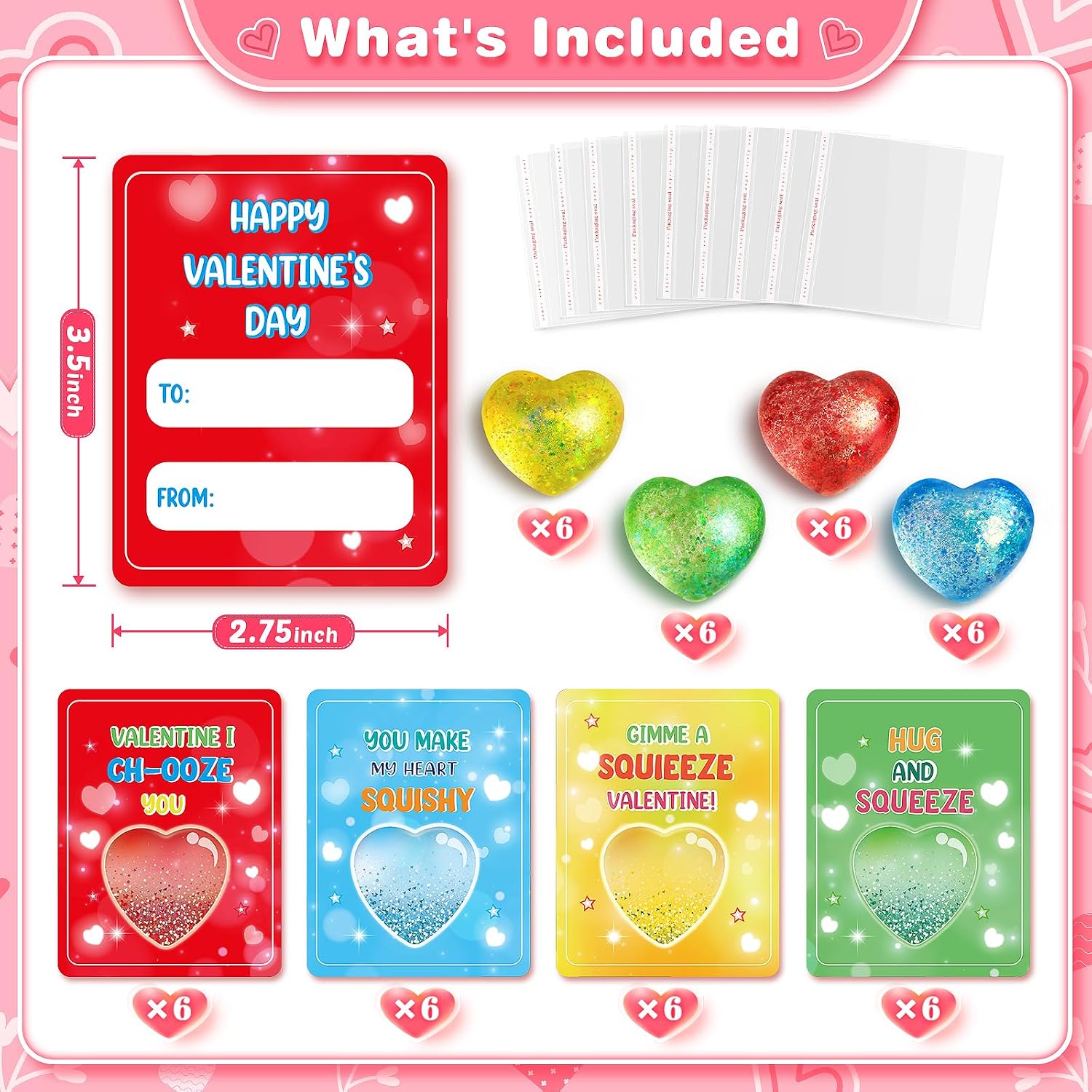Valentines' Day Gifts Cards for Kids, 24 Pack Heart Squeeze Balls with Greeting Cards for Kids Classroom Exchange Prizes, Stretchy Toy Balls Bulk Gift, Squeeze Relief Fidget Toys for Party Favor