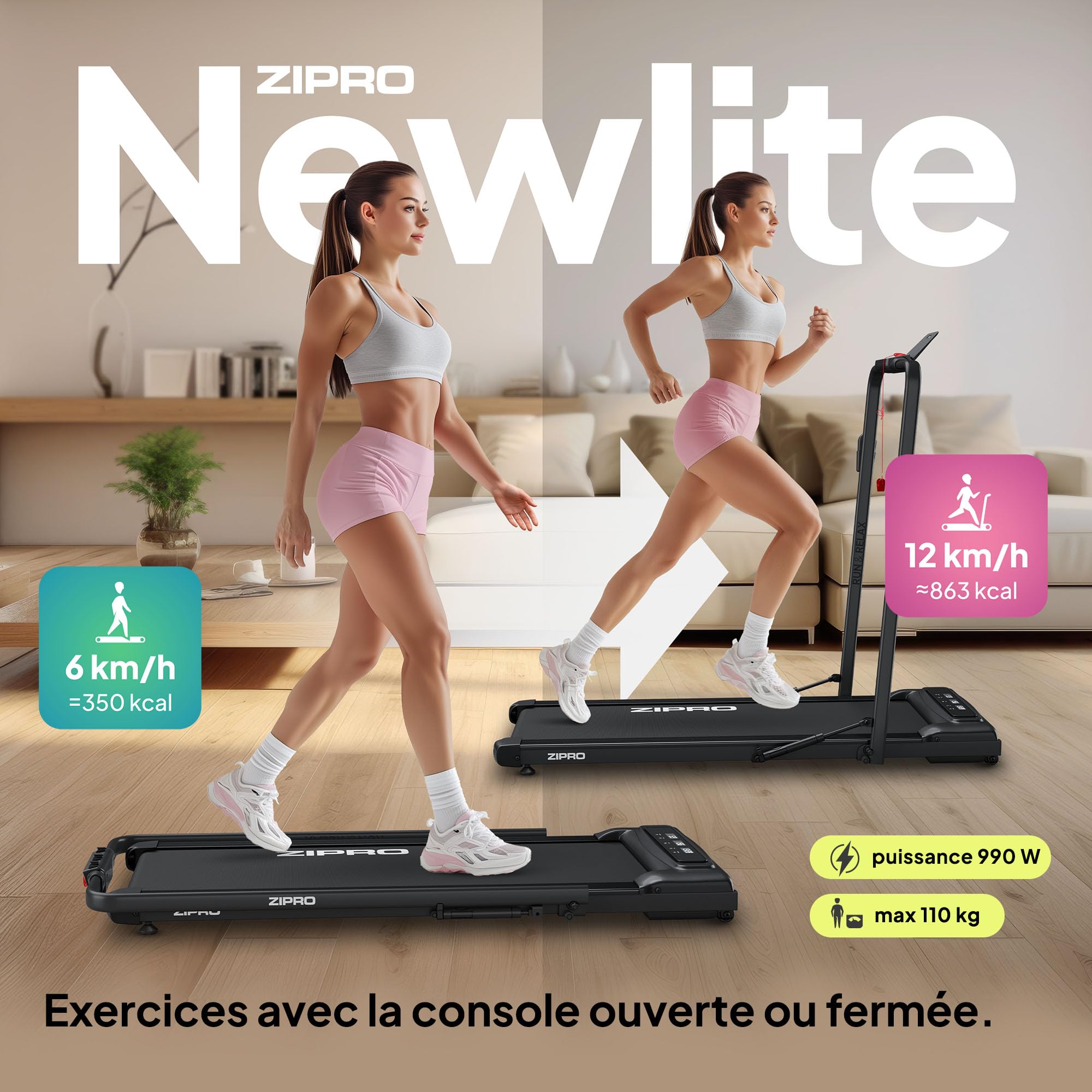 ZIPRO Newlite Tapis de Course Pliable, Walking Pad, Deux Modes d’Entraînement, Design Compact FlatFold, Vitesse 1-10 km/h, Capacité jusqu'à 110 kg, Amorti Easy Walk, Moteur Silencieux, Écran LED