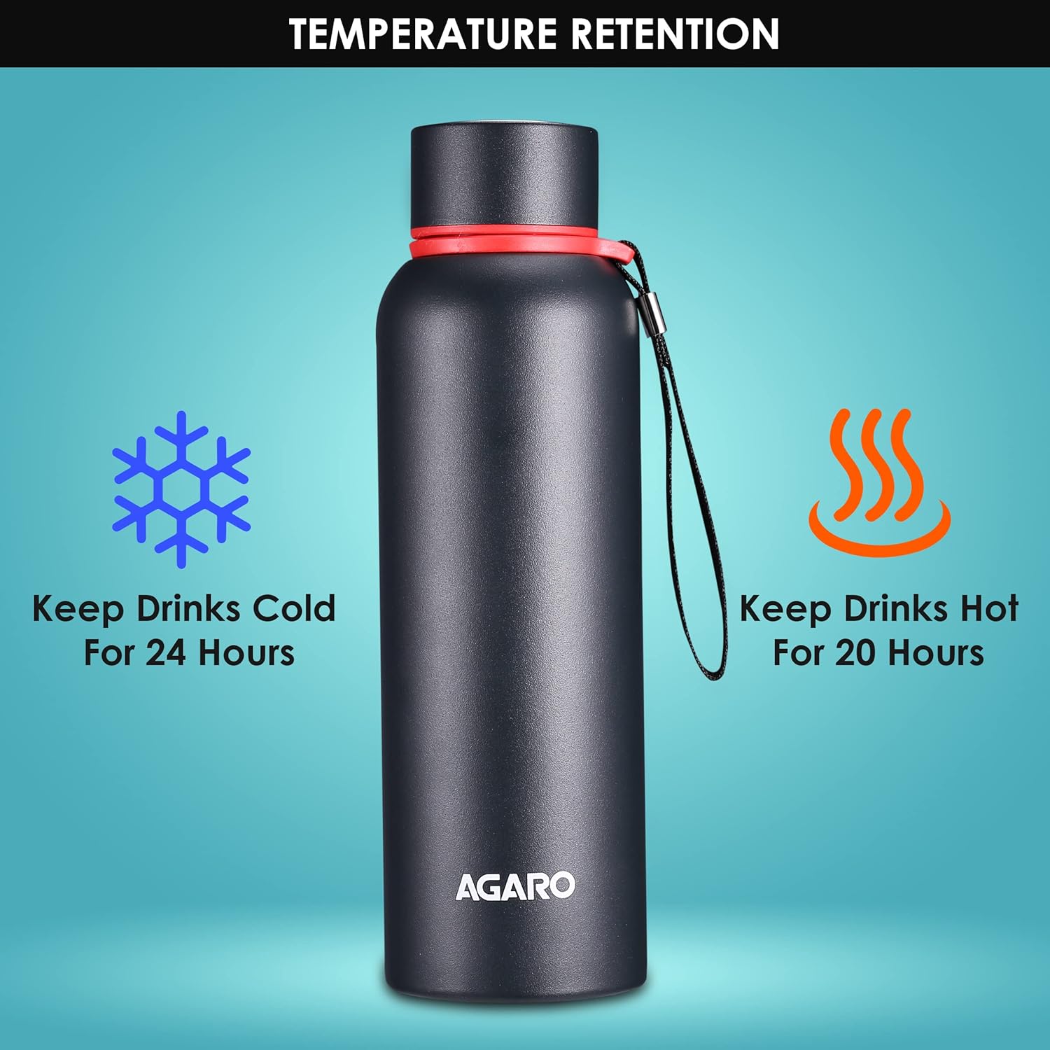 Image showing the AGARO Elegant flask with icons indicating it keeps drinks cold for 24 hours and hot for 20 hours.