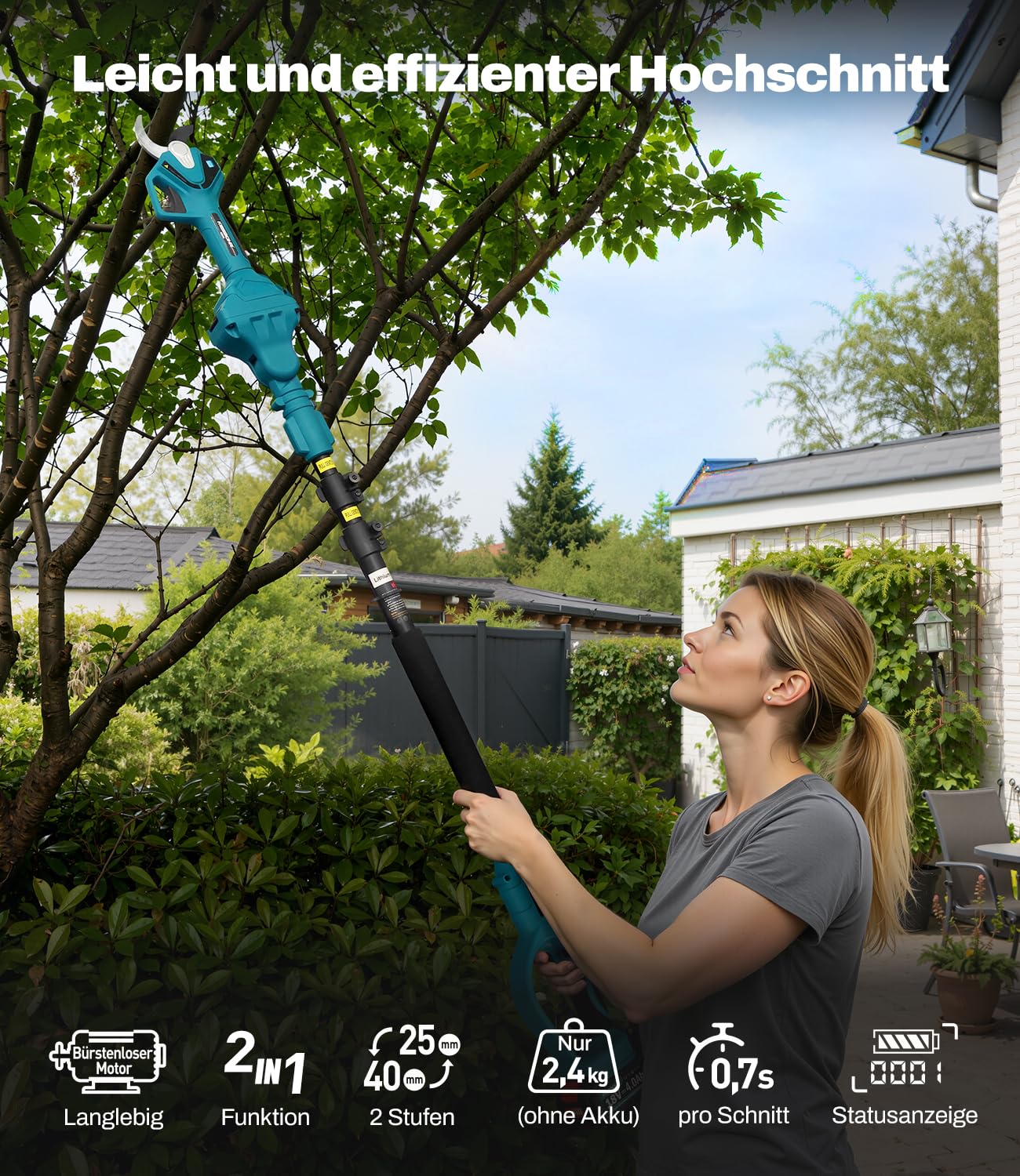 CSS04 2-IN-1 Akku Astschere und Gartenschere Teleskop Kompatibel mit Makita 18V Akkus, Max. 2m Teleskopstange, mit LCD-Display, Winkelverstellbar, Automatische Abschaltung (Ohne Akku)