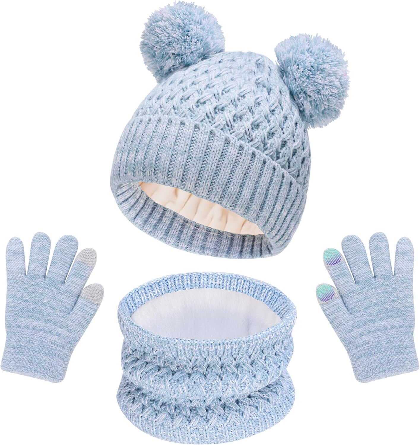 Kids Winter Hat Scarf Gloves Set, Toddler Beanie with Double Pom Pom Fleece Lined, Touch Screen Mitten for Girls Boys Kids Winter Hat Scarf Gloves Set, Toddler Beanie with Double Pom Pom Fleece Lined, Touch Screen Mitten for Girls Boys