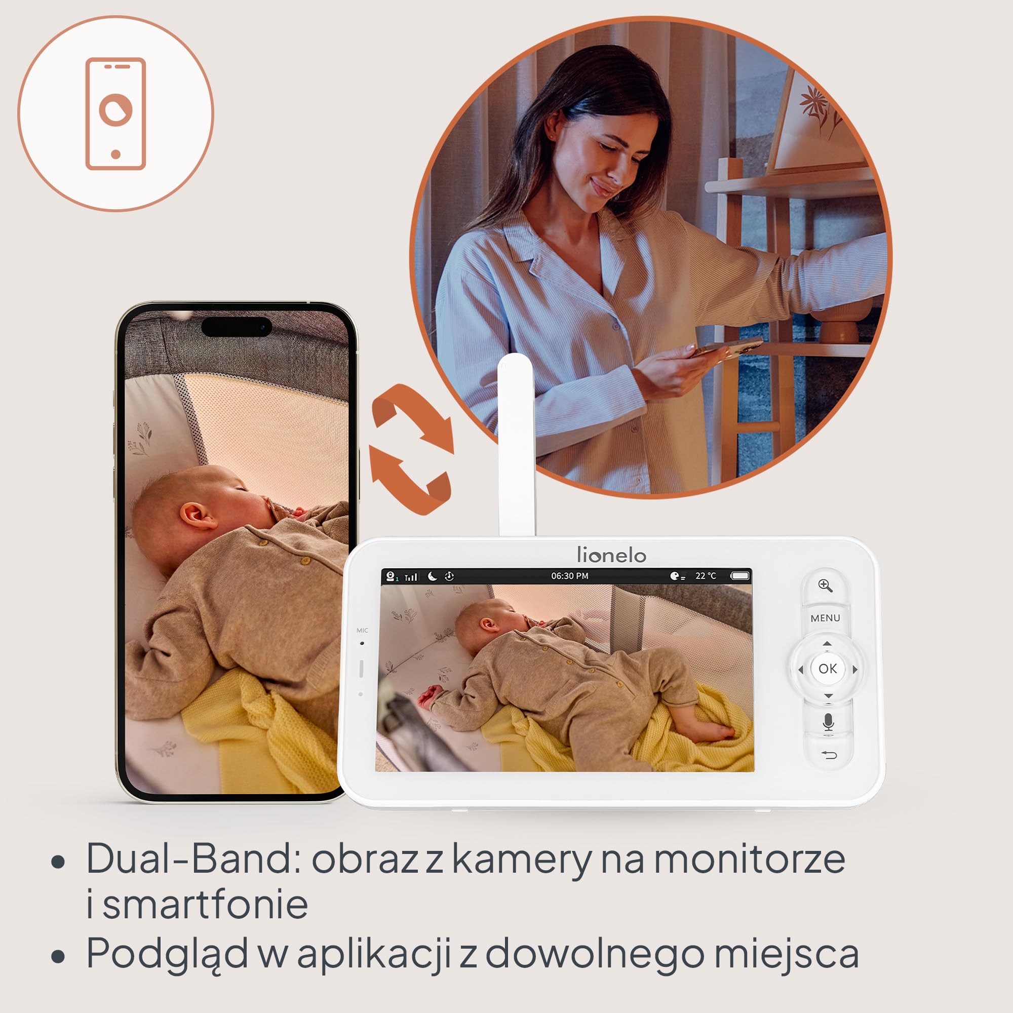 Lionelo Babyline 9.2 Ai Niania Elektroniczna Wideo, Kamera 2K, Monitor 5", WiFi, Alerty AI, Śledzenie Ruchu, Wykrywanie Płaczu i Zakrycia Głowy, VOX, IR, Aplikacja, Czujnik Temperatury i Wilgotności