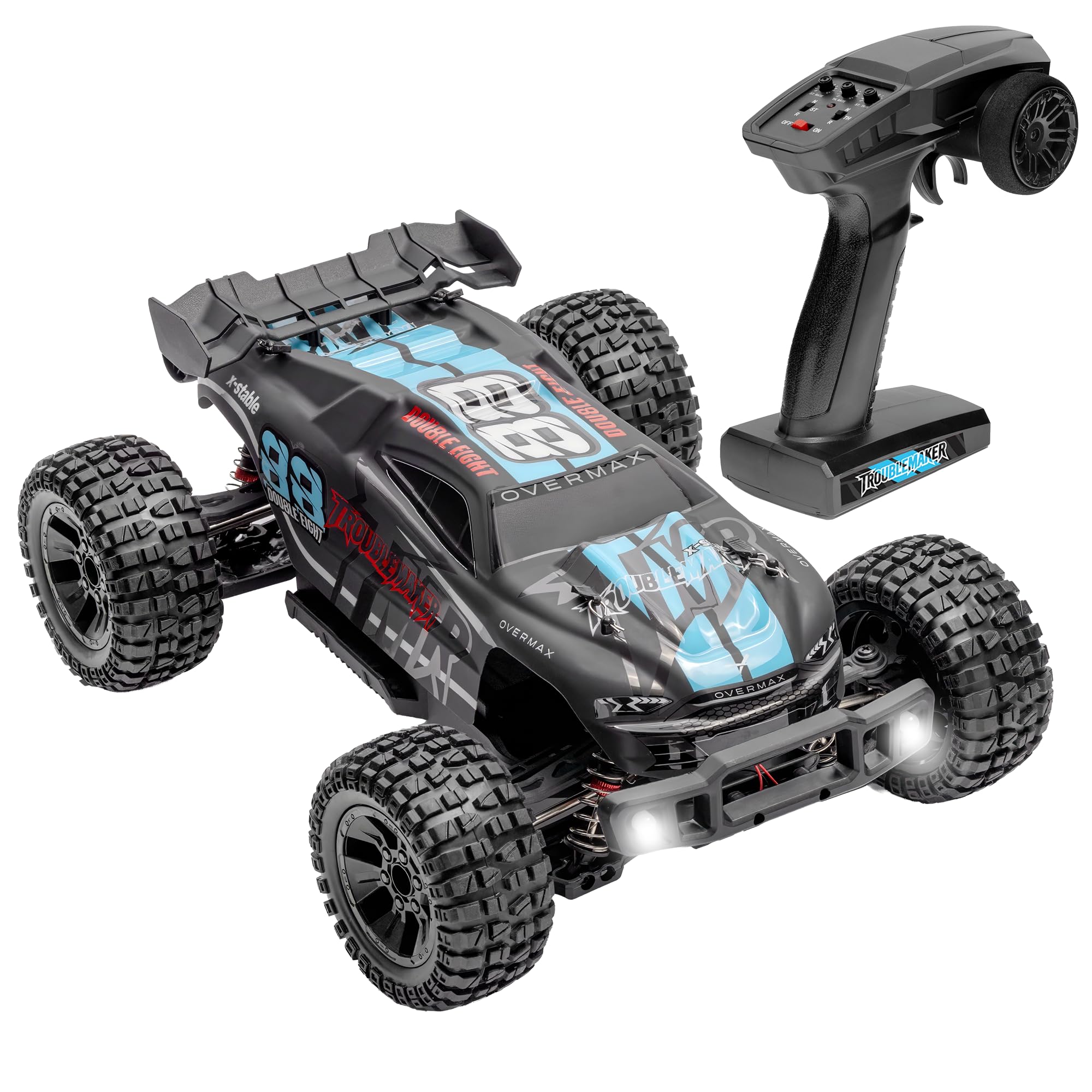 Overmax X- Stable zdalnie sterowany samochód 4WD 1:10 Offroad, 35 km/h 2,4 GHz RC Monster Truck 40 min, z 2 akumulatorami, metalowym napędem, tłumikiem oleju, LED, dla dzieci 8+ i dorosłych zasięg 100