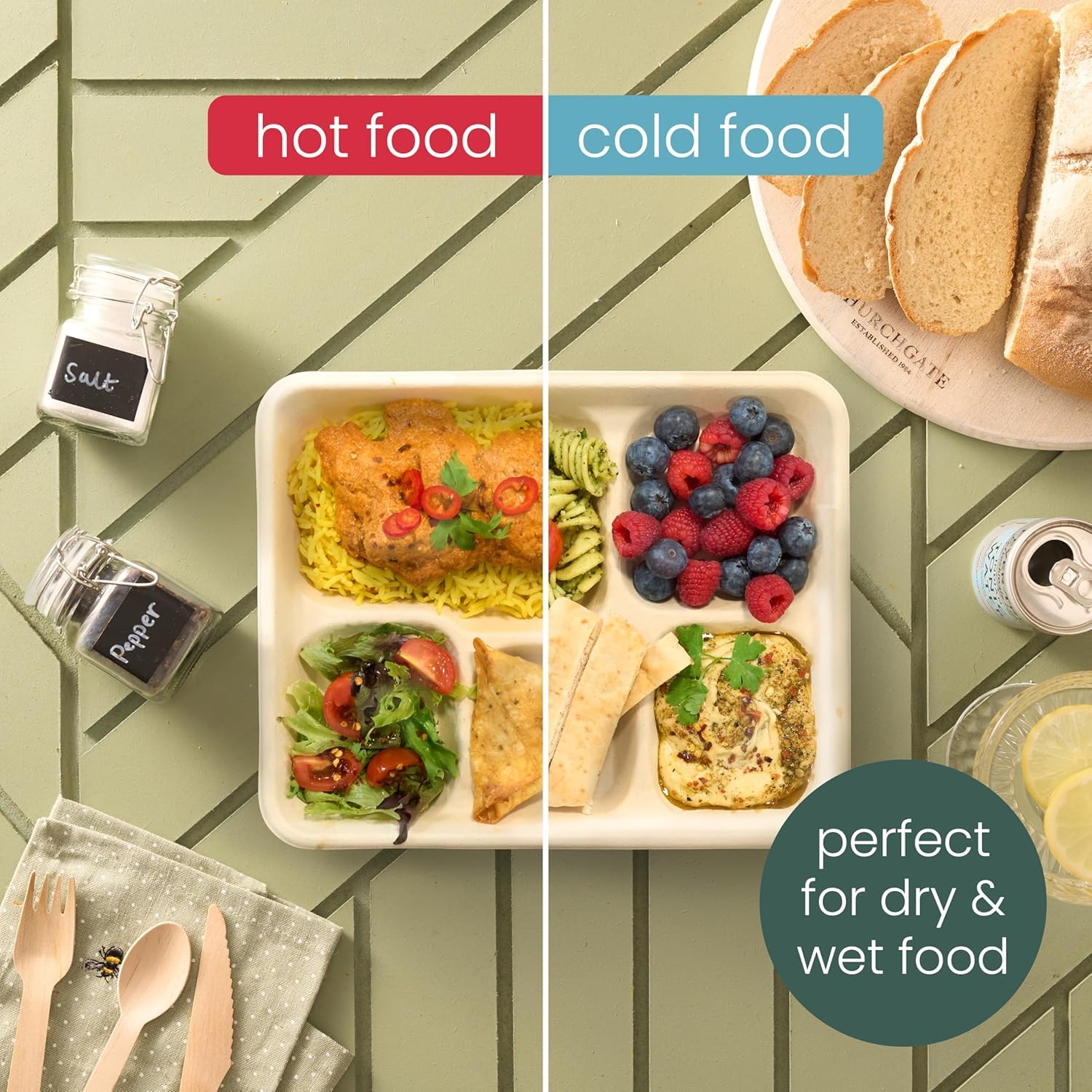 HAAGO 100 Assiettes Solides Compostables à 5 Compartiments 26×21cm – Plateaux Repas Rigides en Bagasse de Canne à Sucre, Anti-Graisse & Anti-Fuites – Pour Chaud & Froid, Fêtes, Pique-nique, Traiteur