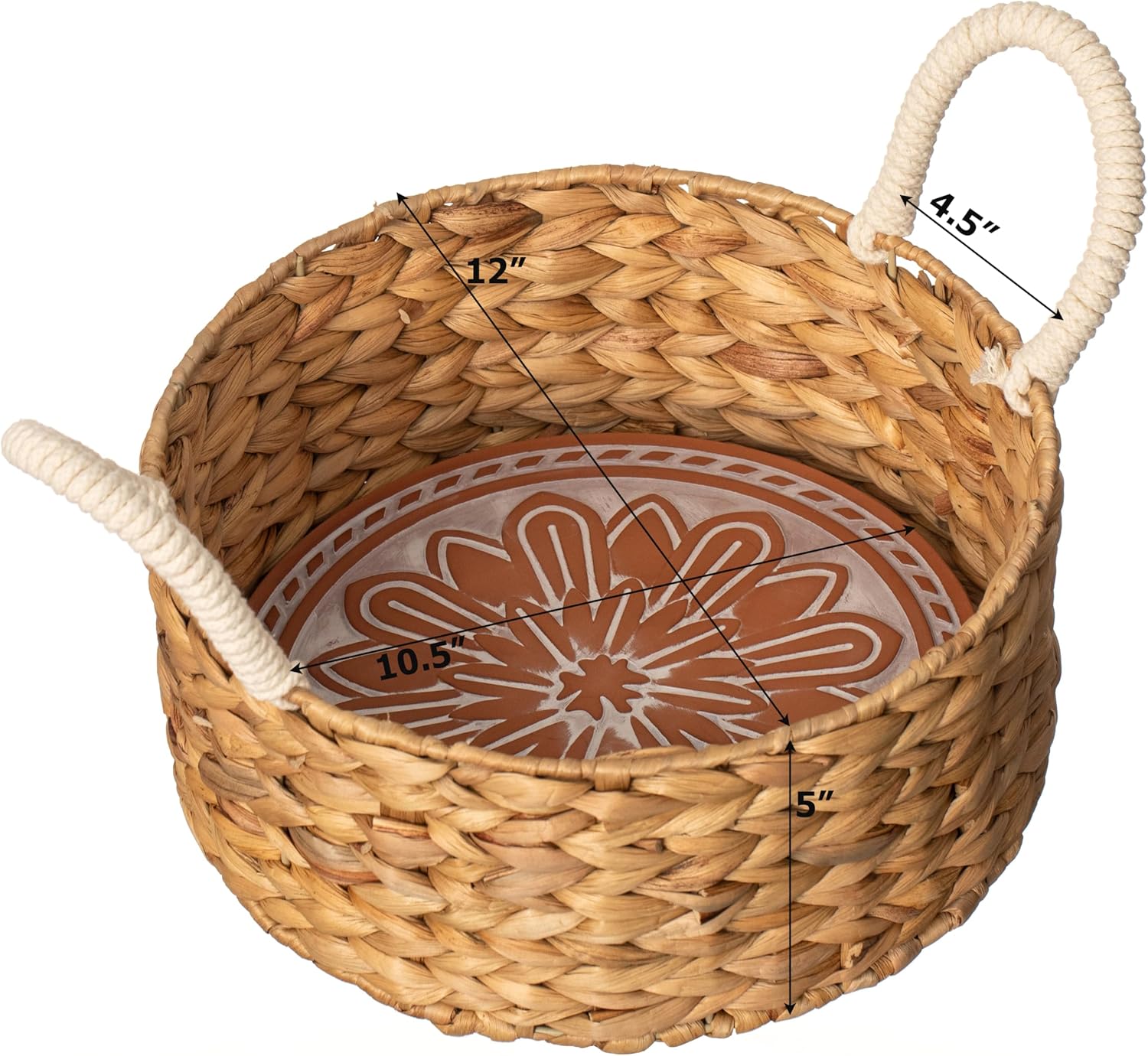 Vintiquewise Handwoven Wicker Bread Basket with Terracotta Stone Warmer & Rope Handles for Kitchen Dining Table & Home Party Use Ideal for Sourdough Bread Rolls Snacks & Baked Goods, Floral Design