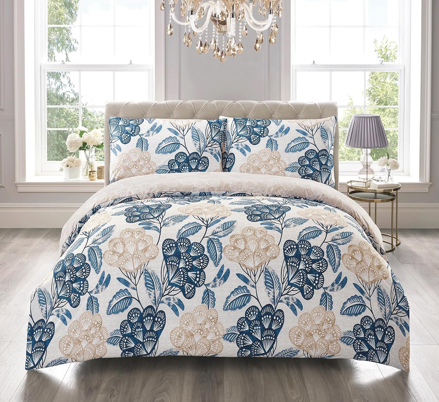 BQC 3 Piece Bloom Blue Duvet Cover Single 135 x 200 cm - Luxury Ultra Soft Microfiber Quilt Cover Set For Bedroom - Hotel Quality Shrinkage and Fade Resistant Bedding with 2 Pillowcases