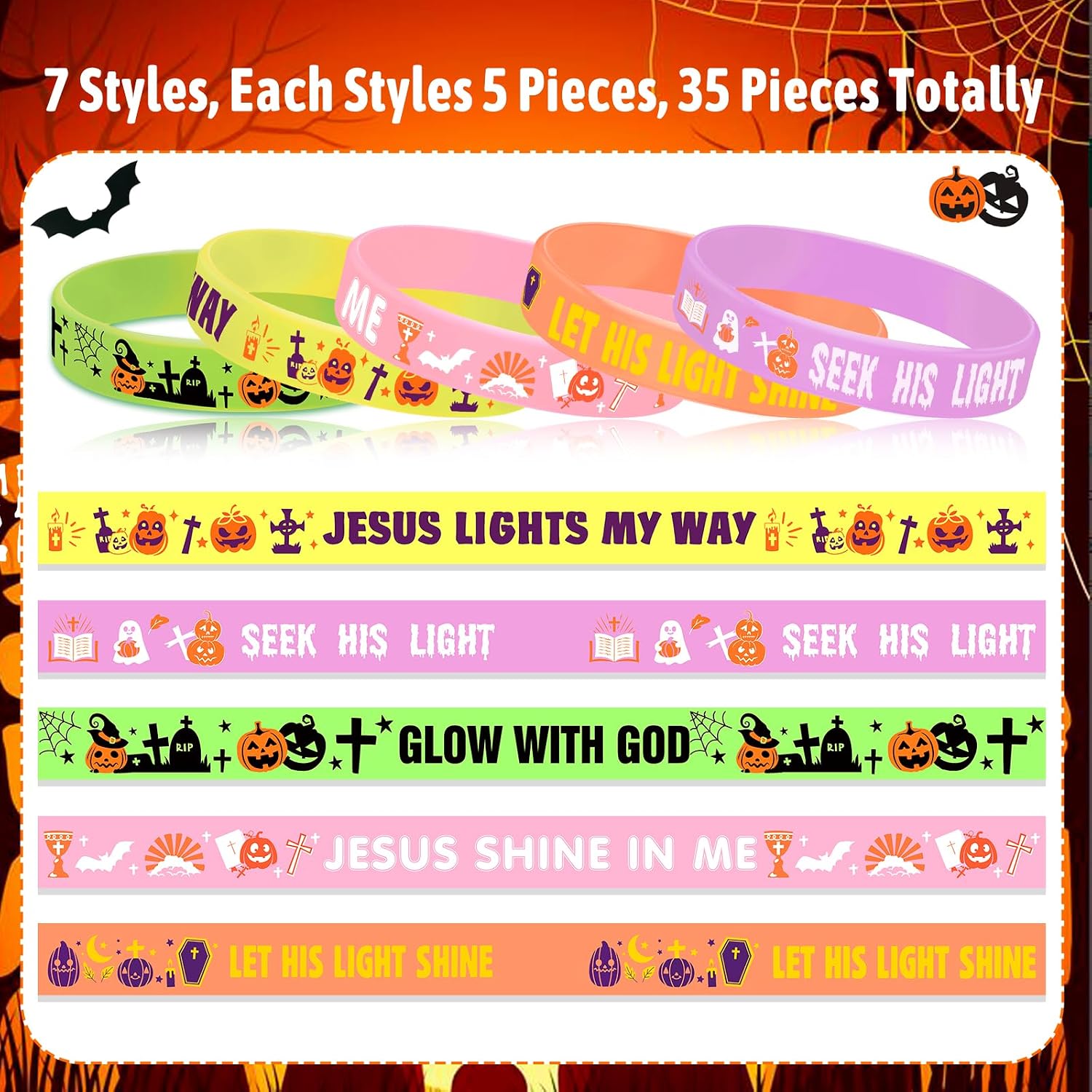 HOWAF 35pcs Christian Halloween Bracelets, Glow in the Dark Bible Verse Silicone Bracelets, Christian Pumpkin Wristband for Religious Halloween Party Supplies, Jesus Hallows' Eve‌ Wristbands