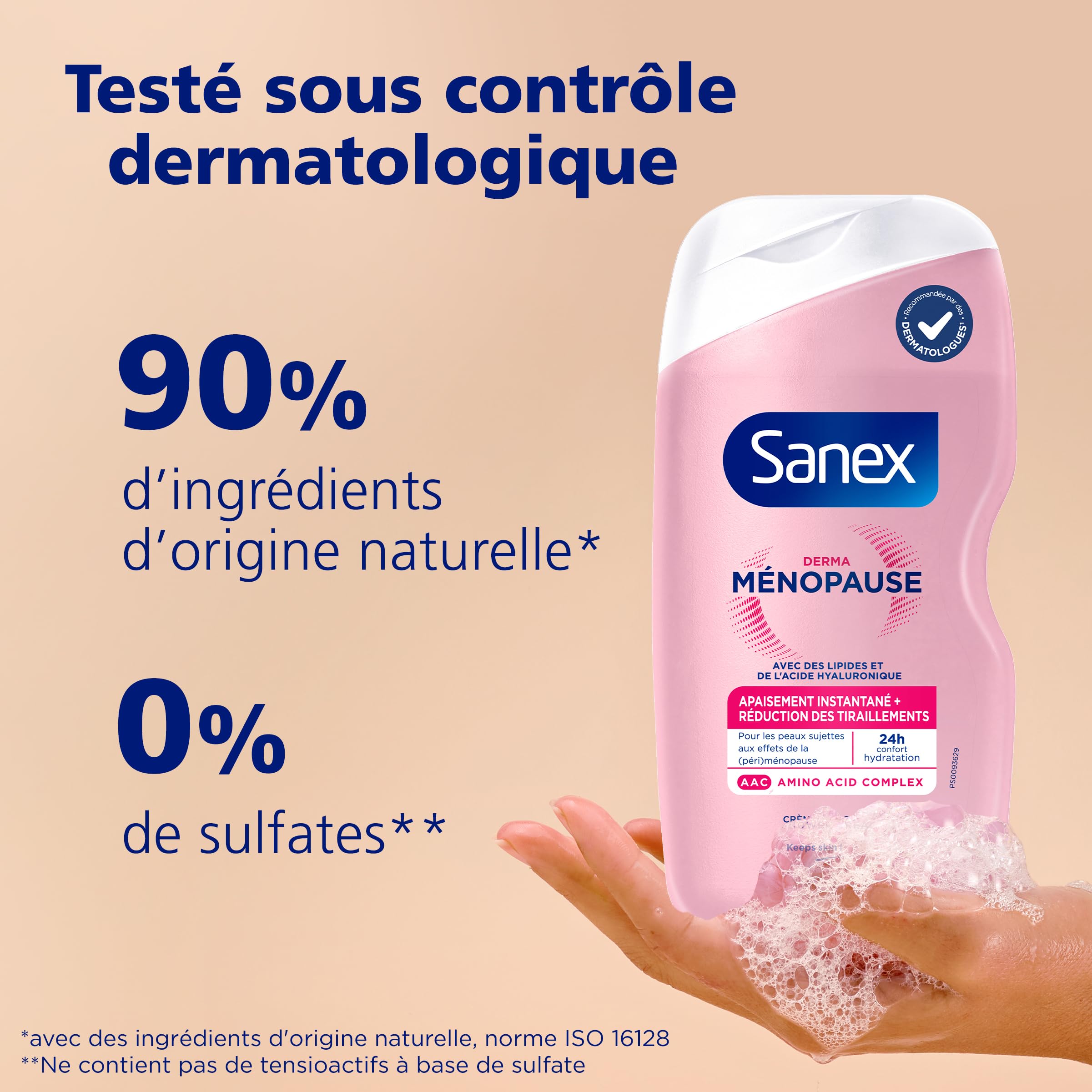 SANEX - Crème de Douche Derma Ménopause - Gel Douche - Soin pour Peaux en Périménopause et Ménopause - Hydratation 24h et Réduction des Tiraillements - Lipides et Acide Hyaluronique - Format 425ml