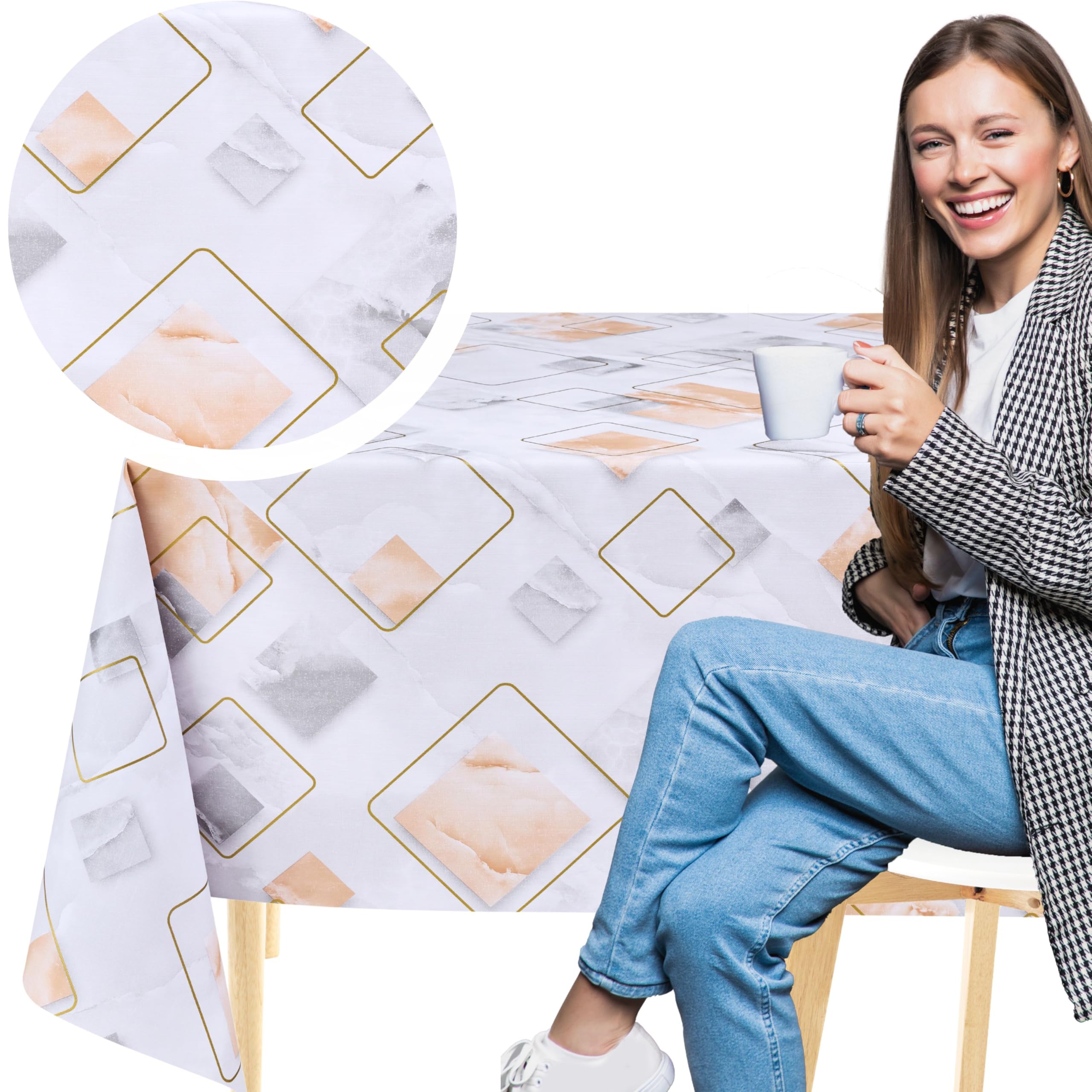 KP HOME Tovaglia In PVC Beige E Blu Lavabile - Decorazione Dorata