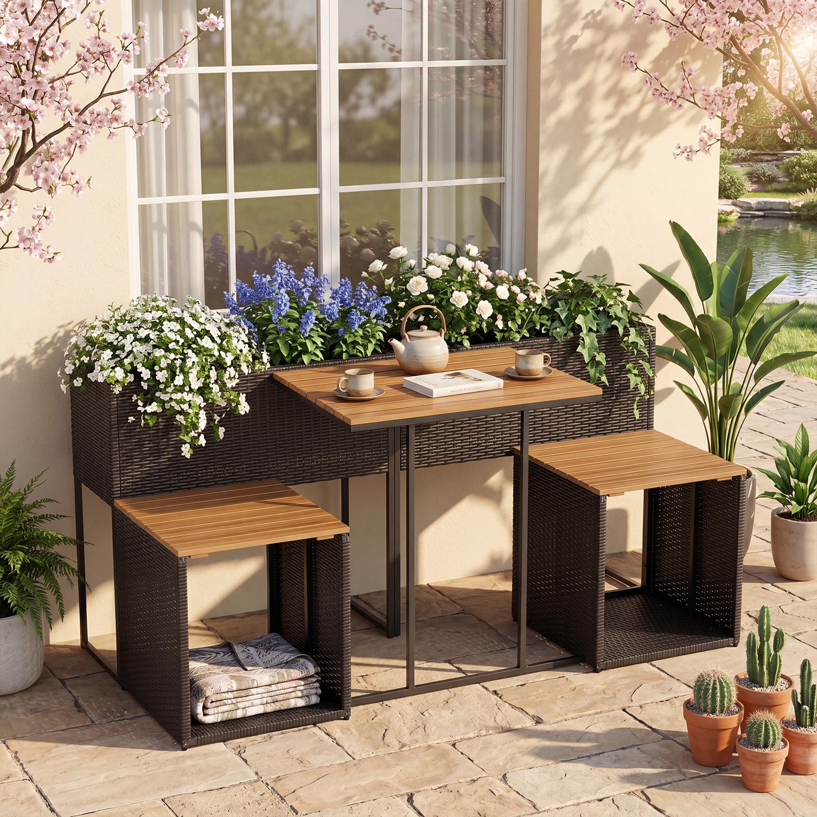 SOARS Salotto da Giardino Esterno con Tavolino, 2 Sedie, Fioriera (Marrone) | Set Mobili da Giardino in Rattan con Vano Portaoggetti e Fioriera Rialzata per Giardino, Balcone e Bordo Piscina