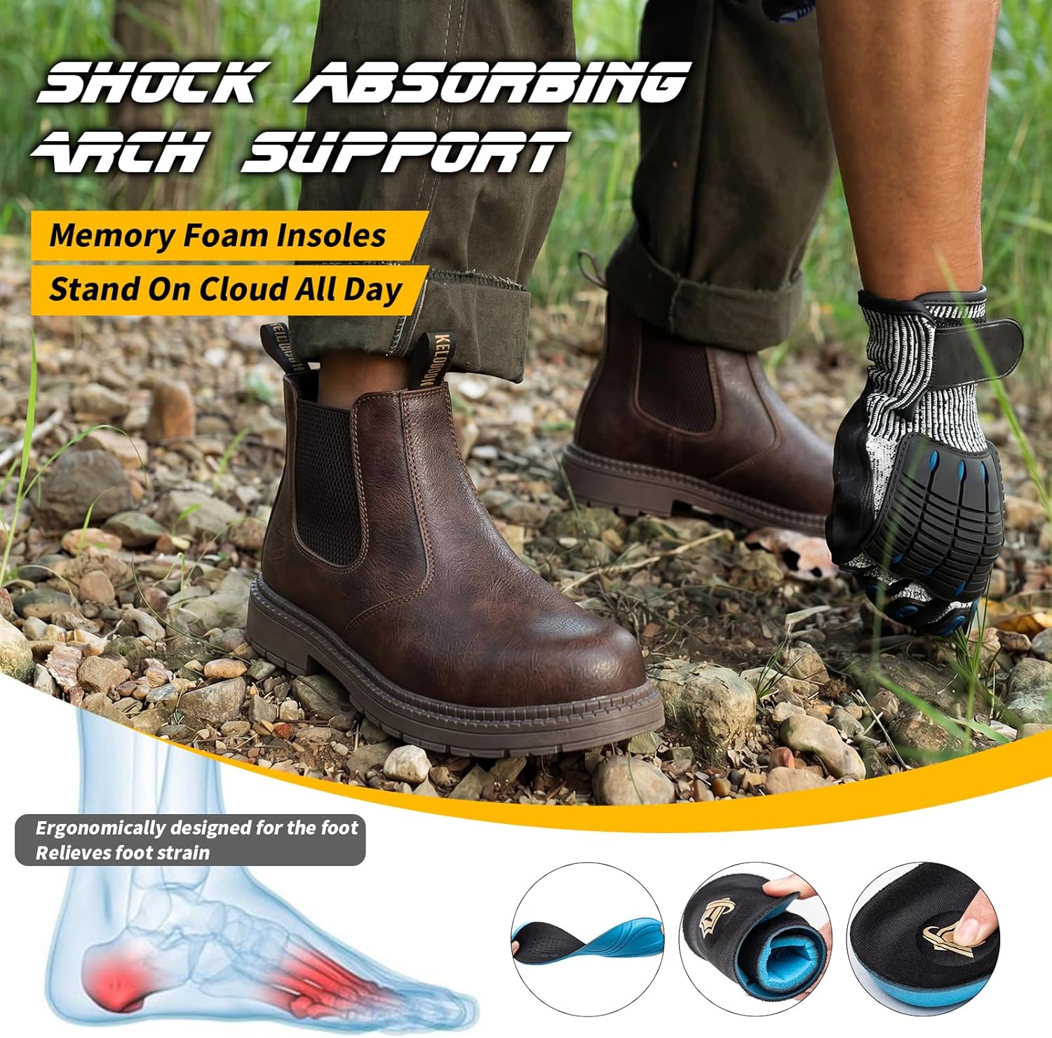 KELODON Waterproof Slip On Work Boots for Men-6 Inch Water Resistant Steel Toe Bootsfor Men,Lightweight Kevlar Non Slip Safety Shoes for Construction
