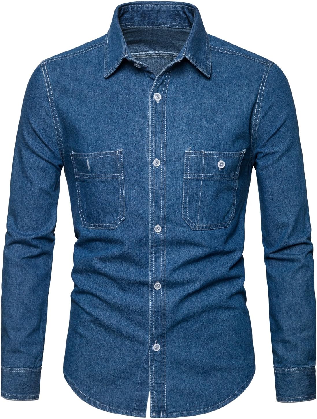 Men's Long Sleeve Denim Solid Shirt Cotton Casual Double-Pocket Shirt Blue Work Slim Fit Shirt (Light Blue, XX-Large)