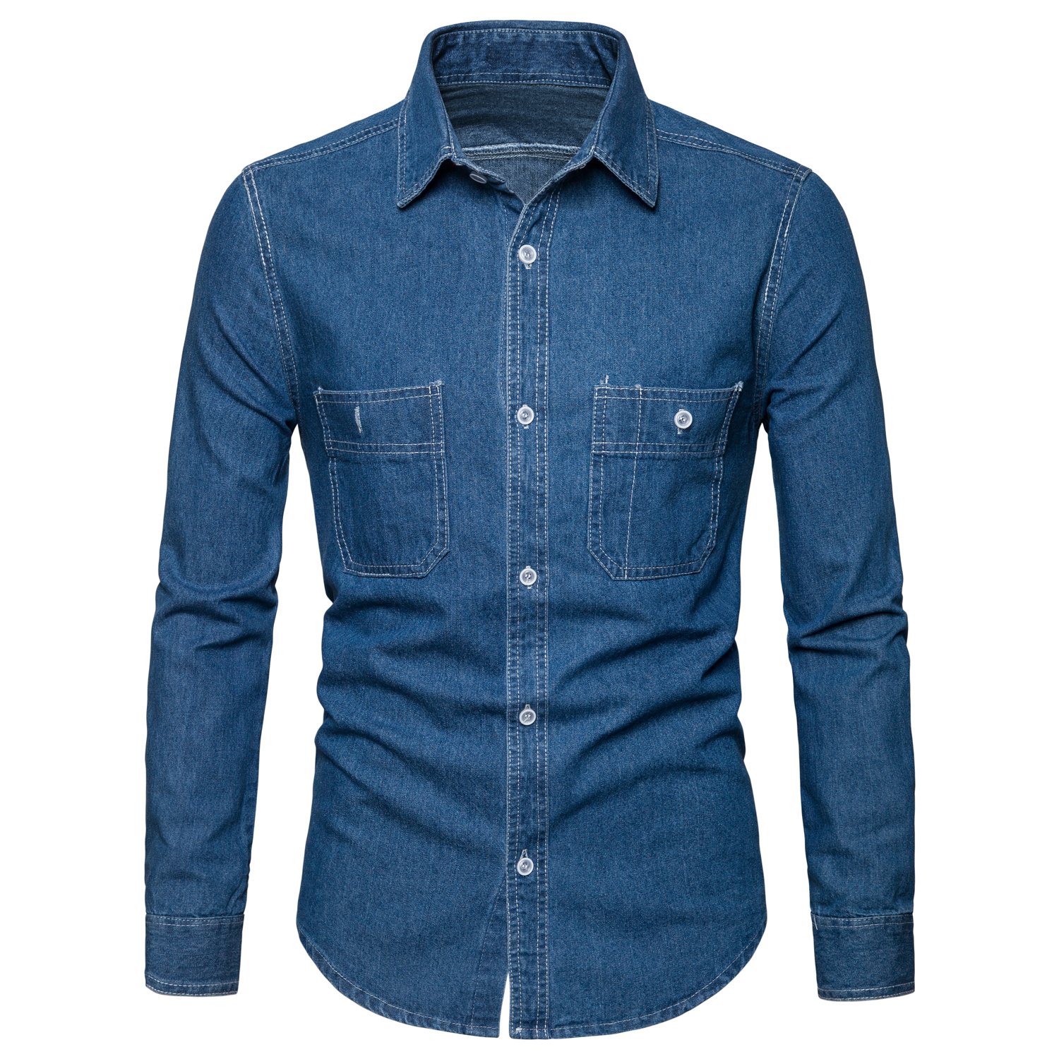 Men's Long Sleeve Denim Solid Shirt Cotton Casual Double-Pocket Shirt Blue Work Slim Fit Shirt (Light Blue, XX-Large)