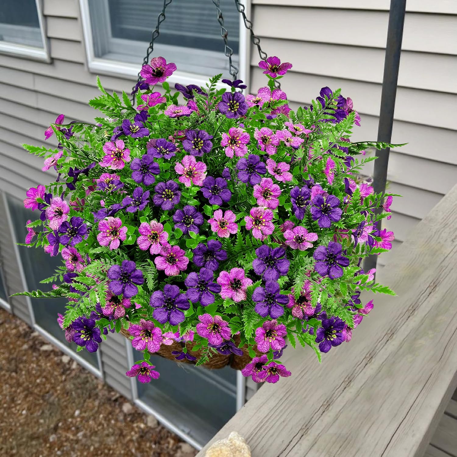 Artificial Flowers for Outdoors Decoration, 16 Bundles Silk Fake Flower with Ferns UV Resistant No Fade Faux Plants for Home Outside Planter Porch Patio Window Box Decor (Double Purple)