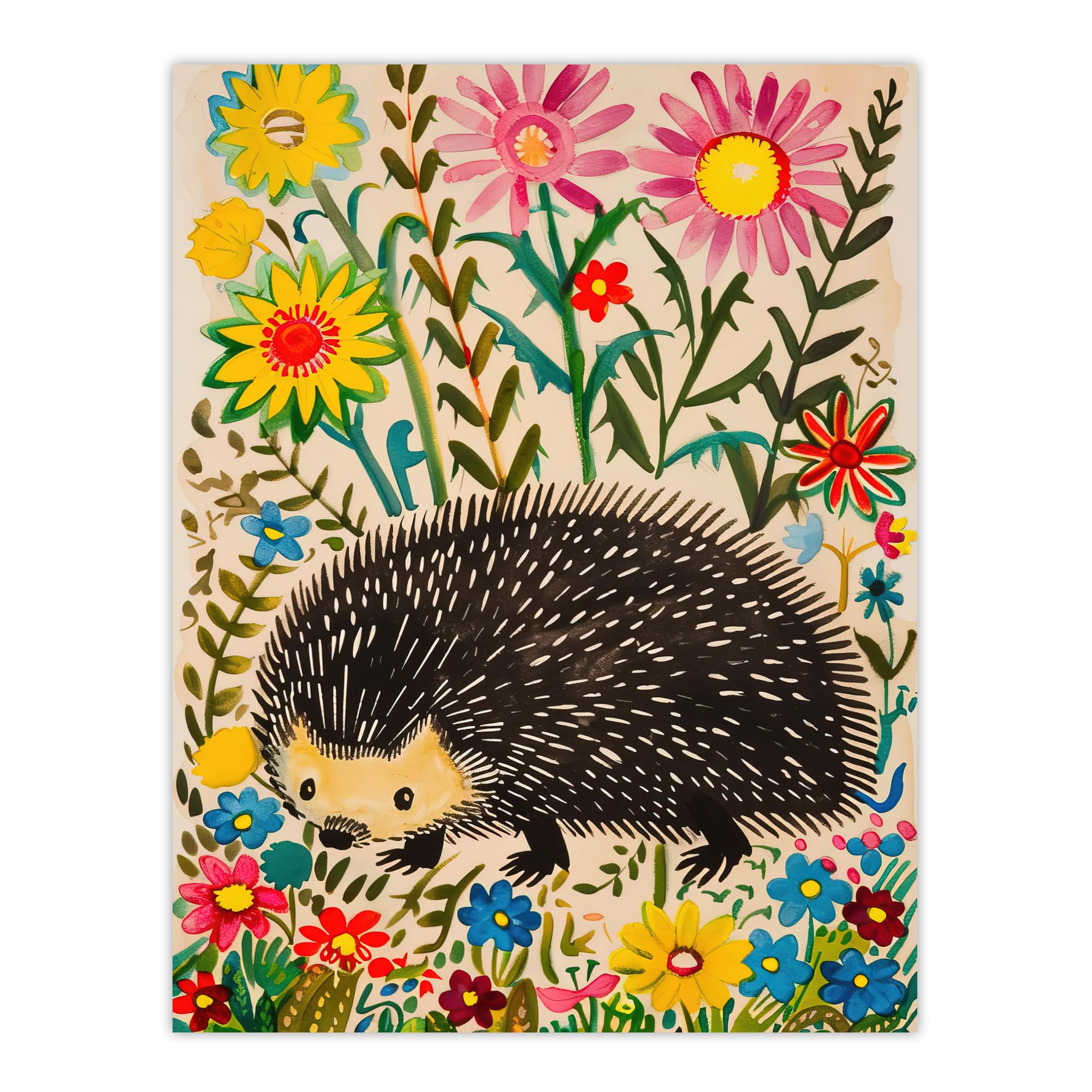 Artery8 Hedgehog in Wildflower Garden Folk Art Painting Kids Bedroom Large Wall Art Poster Print Thick Paper 18X24 Inch