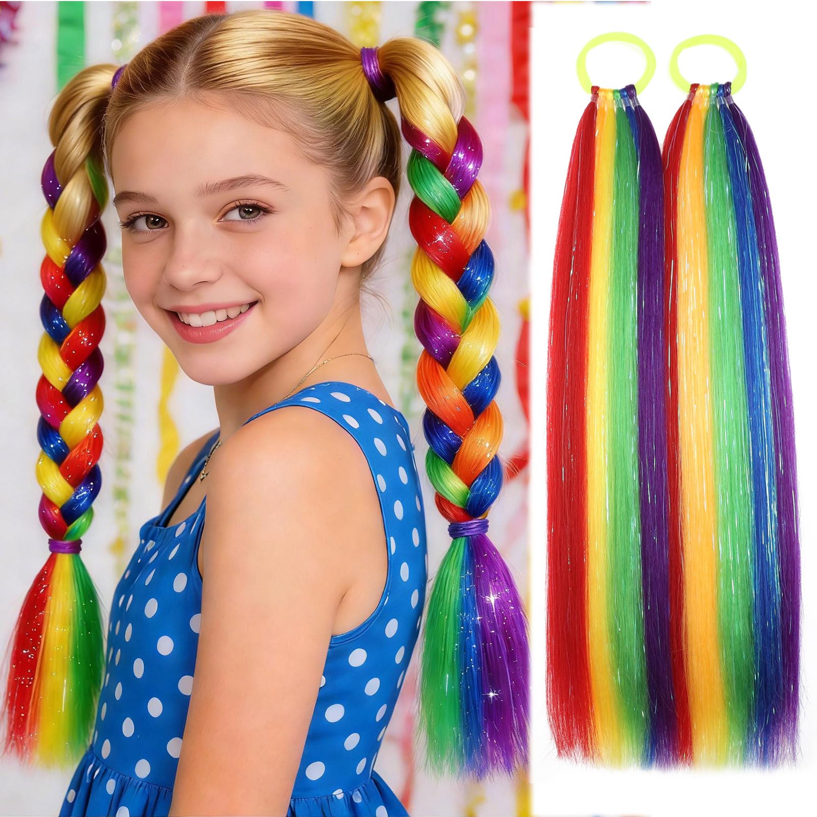 Colored Hair Extensions Rainbow Ponytail Extension 2 Packs, 20 inch Crazy Hair Day Accessories for Women, DIY Festival Wacky Rave Braids,Tinsel Mixed