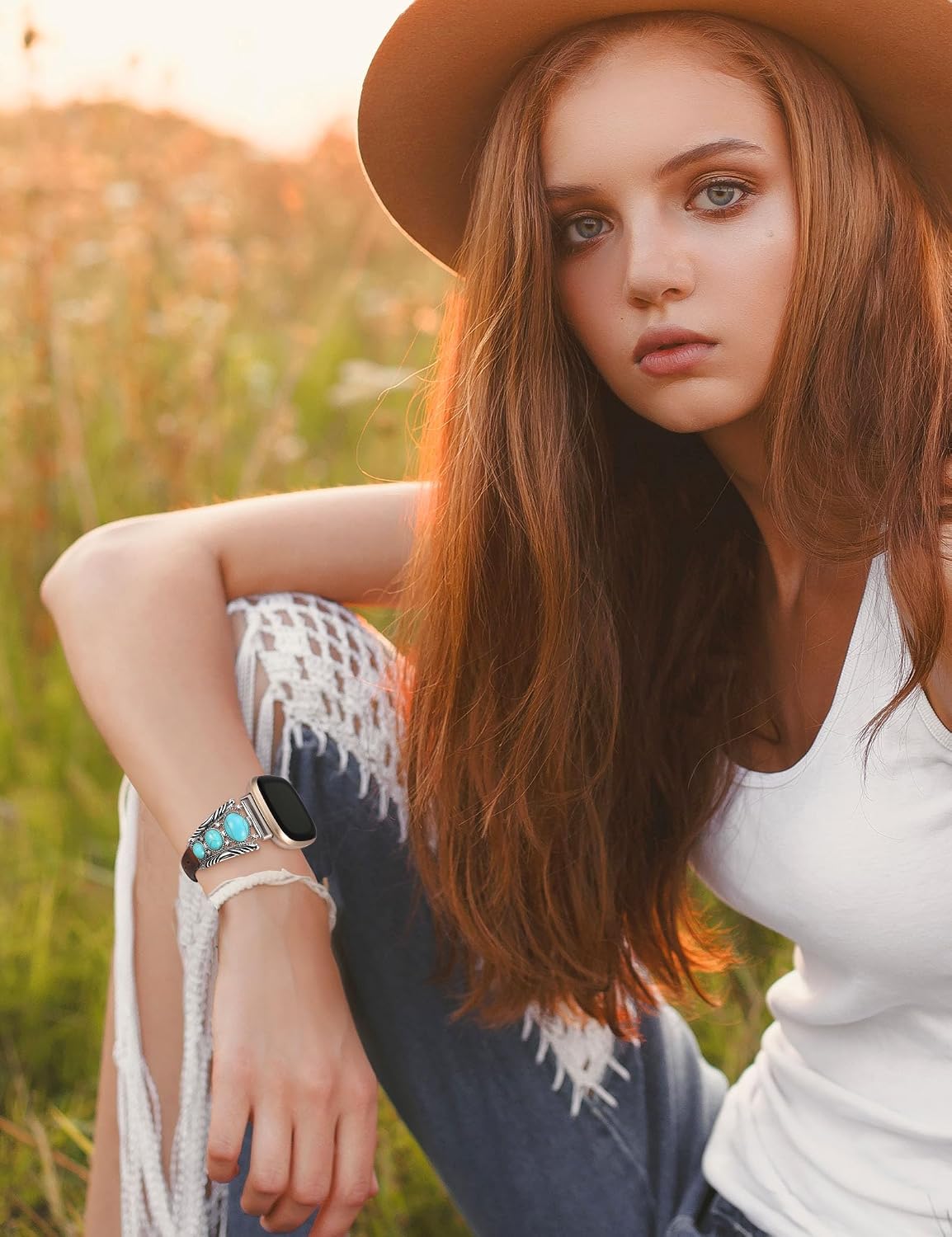 Minyee Leather Band Compatible with Fitbit Versa 4/Versa 3/Sense 2/Sense Band Women, Western Turquoise Boho Vintage Cowboy Retro Jewelry Adjustable Slim Replacement Wristband Strap for Versa 4/ Sense