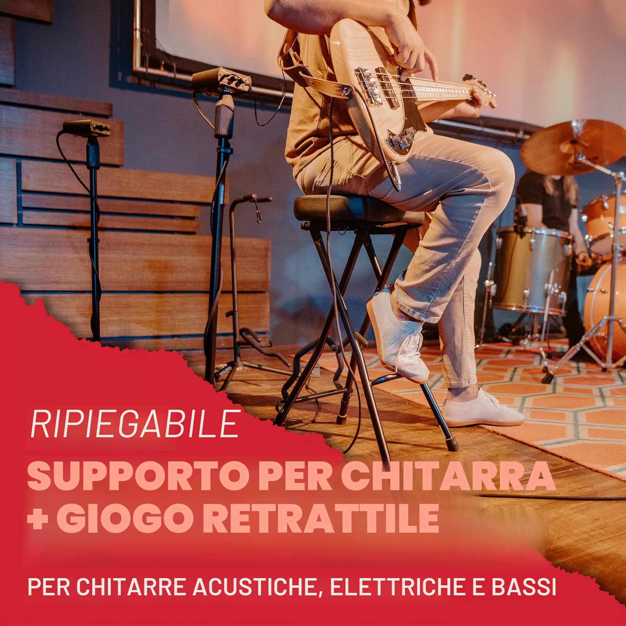 Gator Frameworks – Sgabello per Chitarrista con Supporto Integrato, Altezza 71 cm, Portata 113 kg, Seduta Imbottita, Pedana Poggiapiedi, Pieghevole, Nero (GFW-GTRSTOOL)