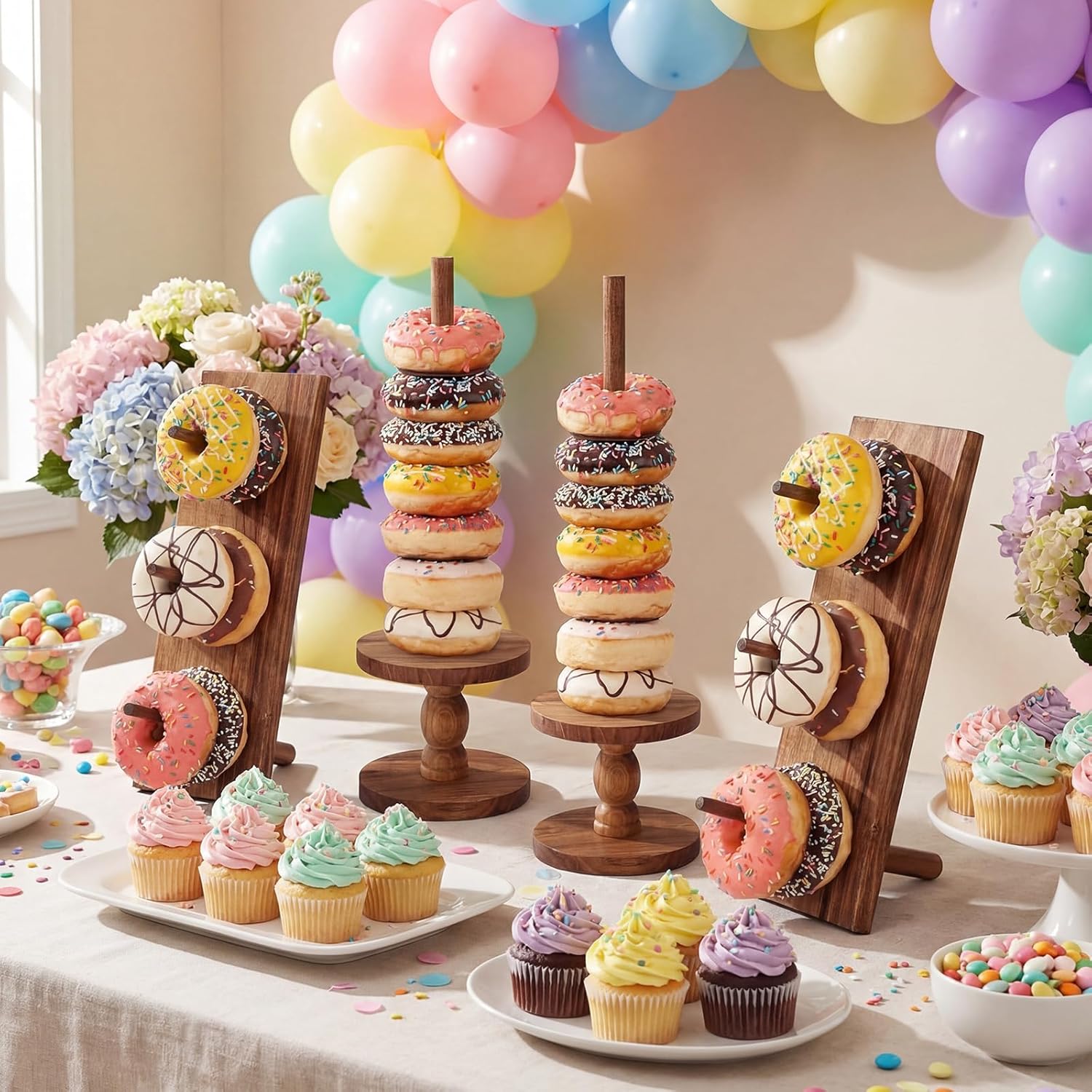 Zhehao 4 Pcs Donut Stand Acacia Wood Display Dessert Donut Wall Holders Bagel Stand Display Table Decoration for Party, Dessert Table, Birthday, Wedding, Baby Shower, Bridal Showers