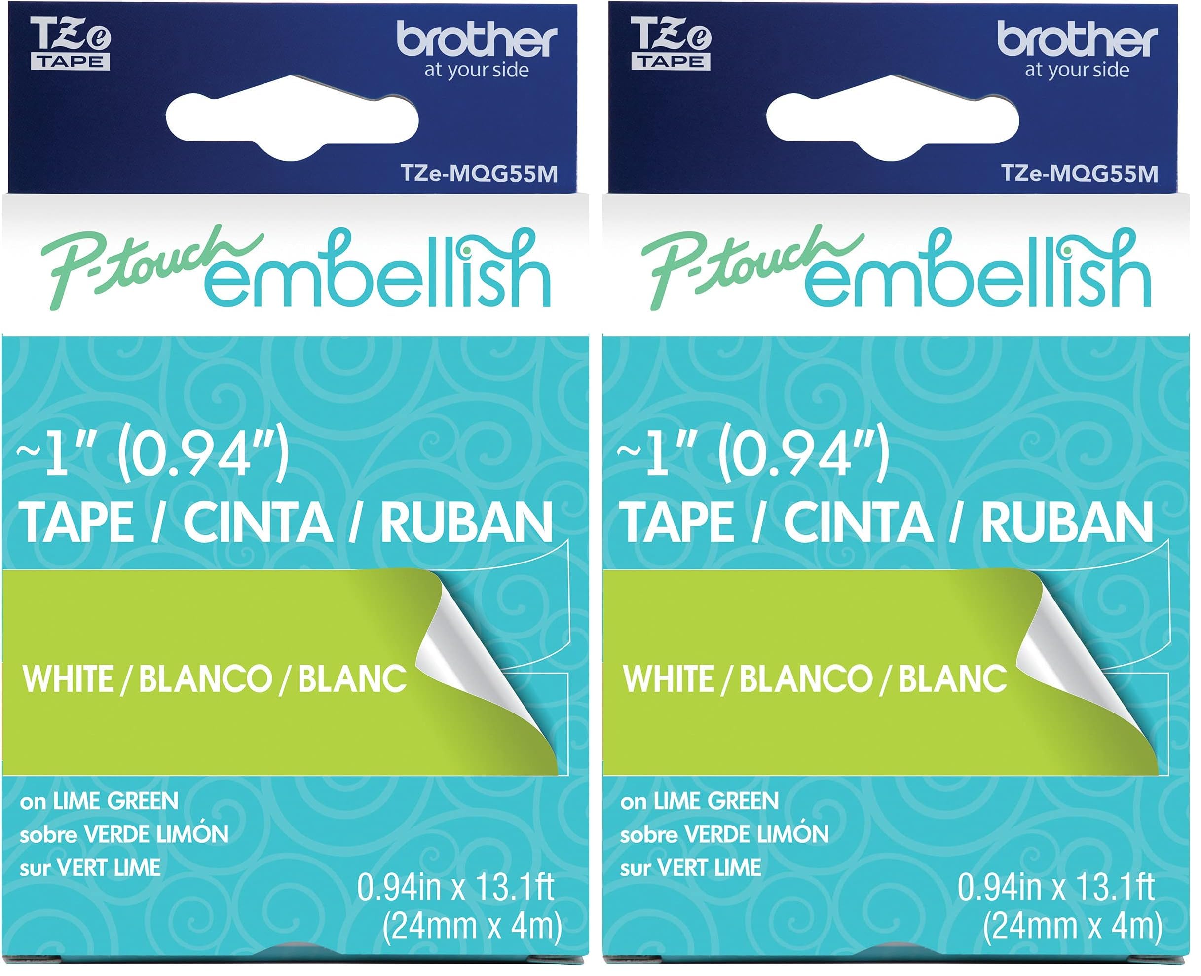 Brother P-Touch Embellish White Print on Lime Green Tape TZE-MQG55M - ~1" Wide x 13.1’ Long (24mm x 4m) (Pack of 2)