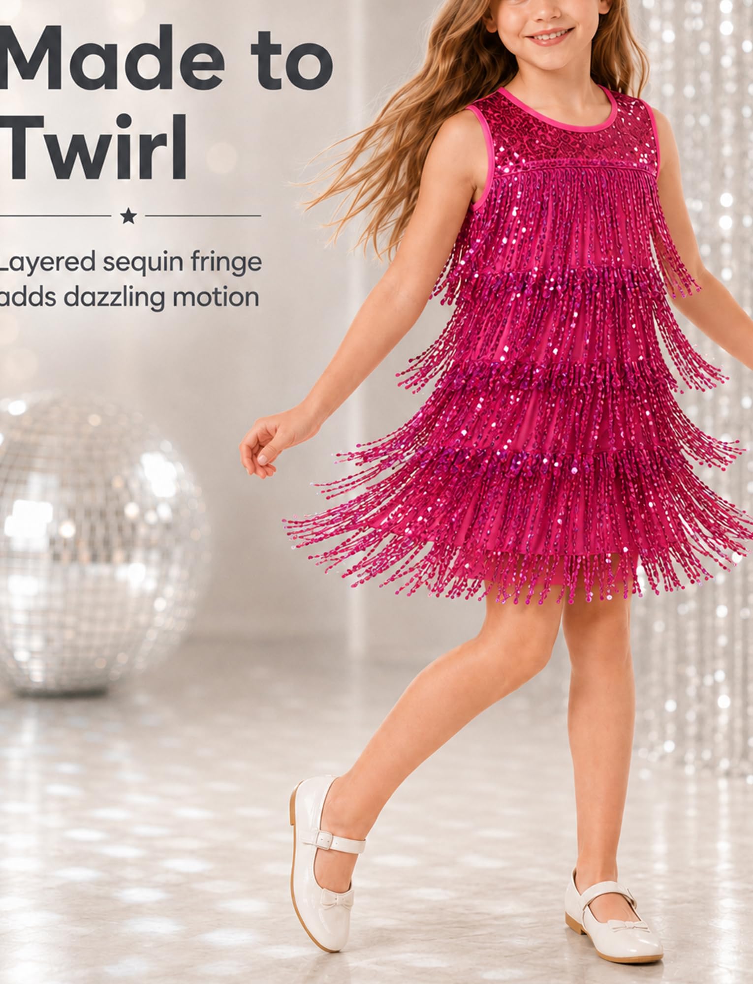 Happy Cherry Mädchenkleid mit Pailletten, Fransenkleid, ärmellos, Rundhalsausschnitt, glitzernde Quaste, Partykleid