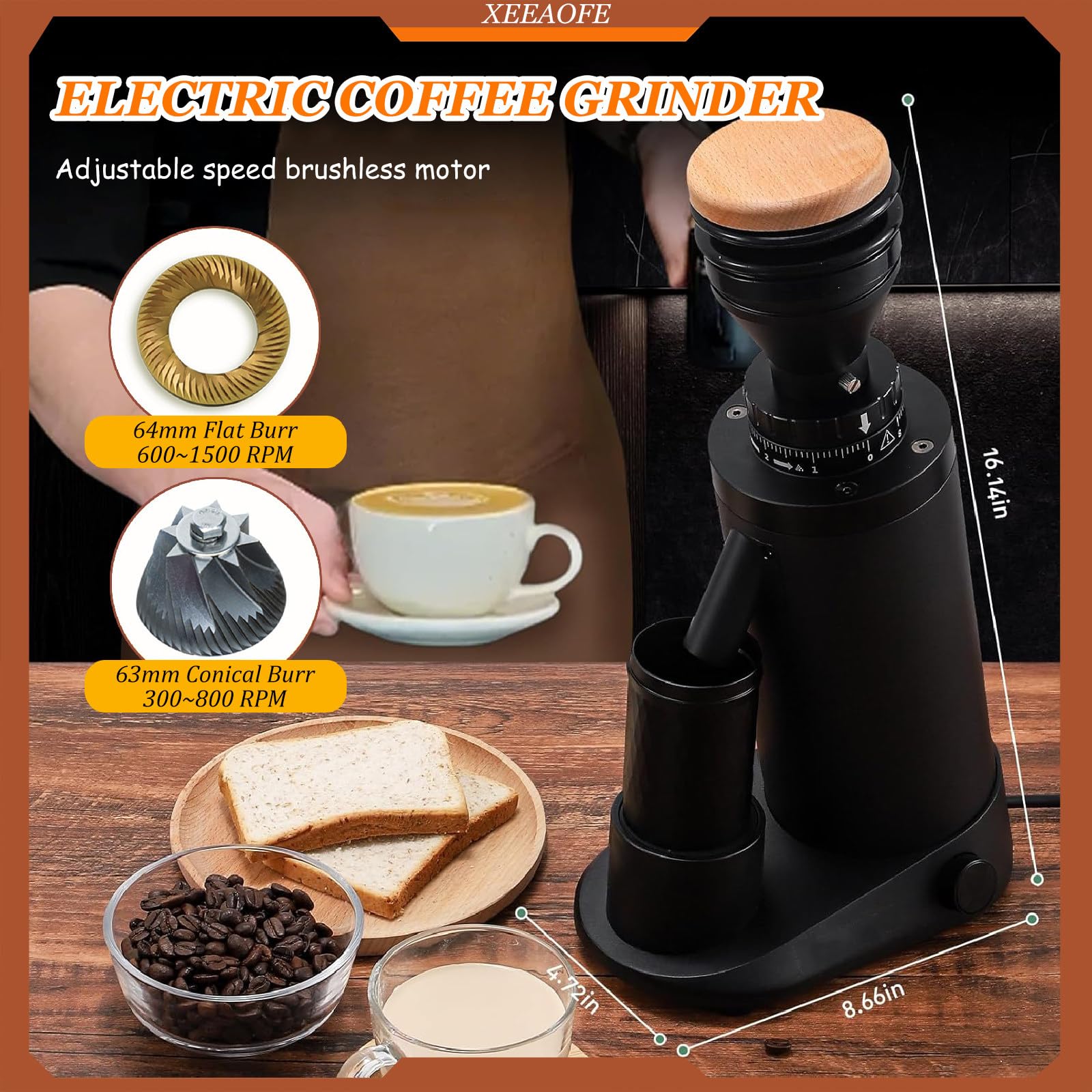 Molino de Café Profesional de Muelas Planas/Cónicas 64mm, Molinillo de Café con Temporizador Ajustable, Antiestático, Cuerpo de Aleación de Aluminio Flat