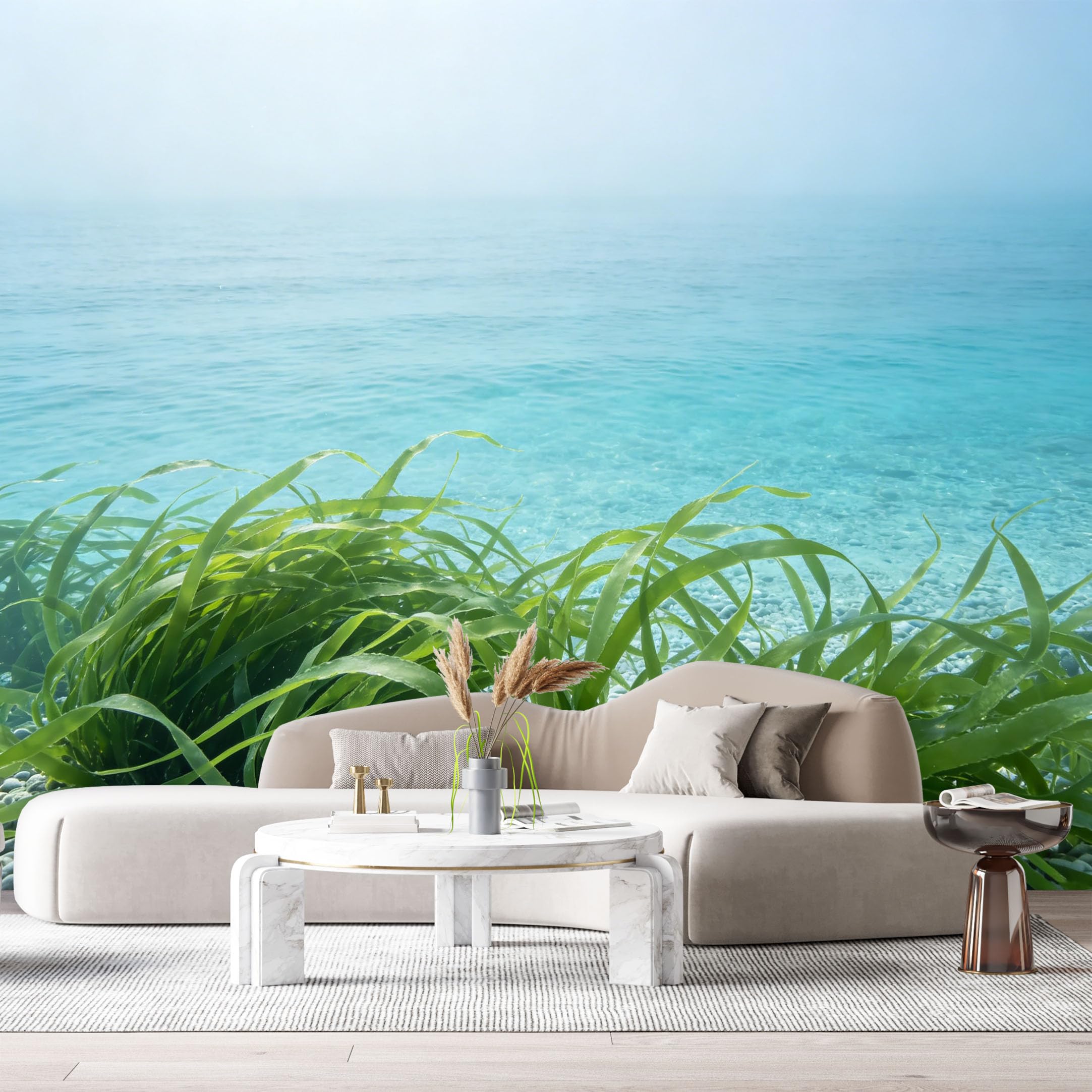 Custom Size Wall Murals Coastal Ocean Marine Teal Water Pebble Shoreline SelfAdhesiveWall Fabric Removable Wallpaper Wall Decor for Living Room Bedroom Bathroom