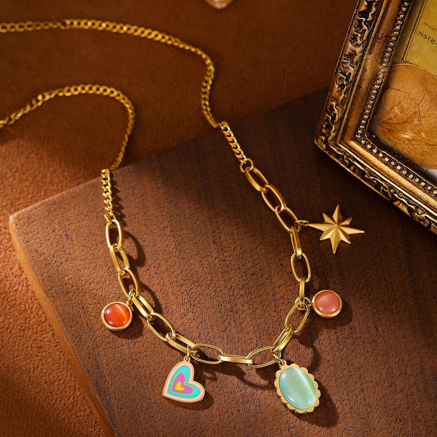 GZQ Gold-Tone Chain Necklace with Enamel Heart, Green Stone, Star Charms, 22 inches Charm Necklace for Women Fashion Jewelry Gifts(N16) - Image 4