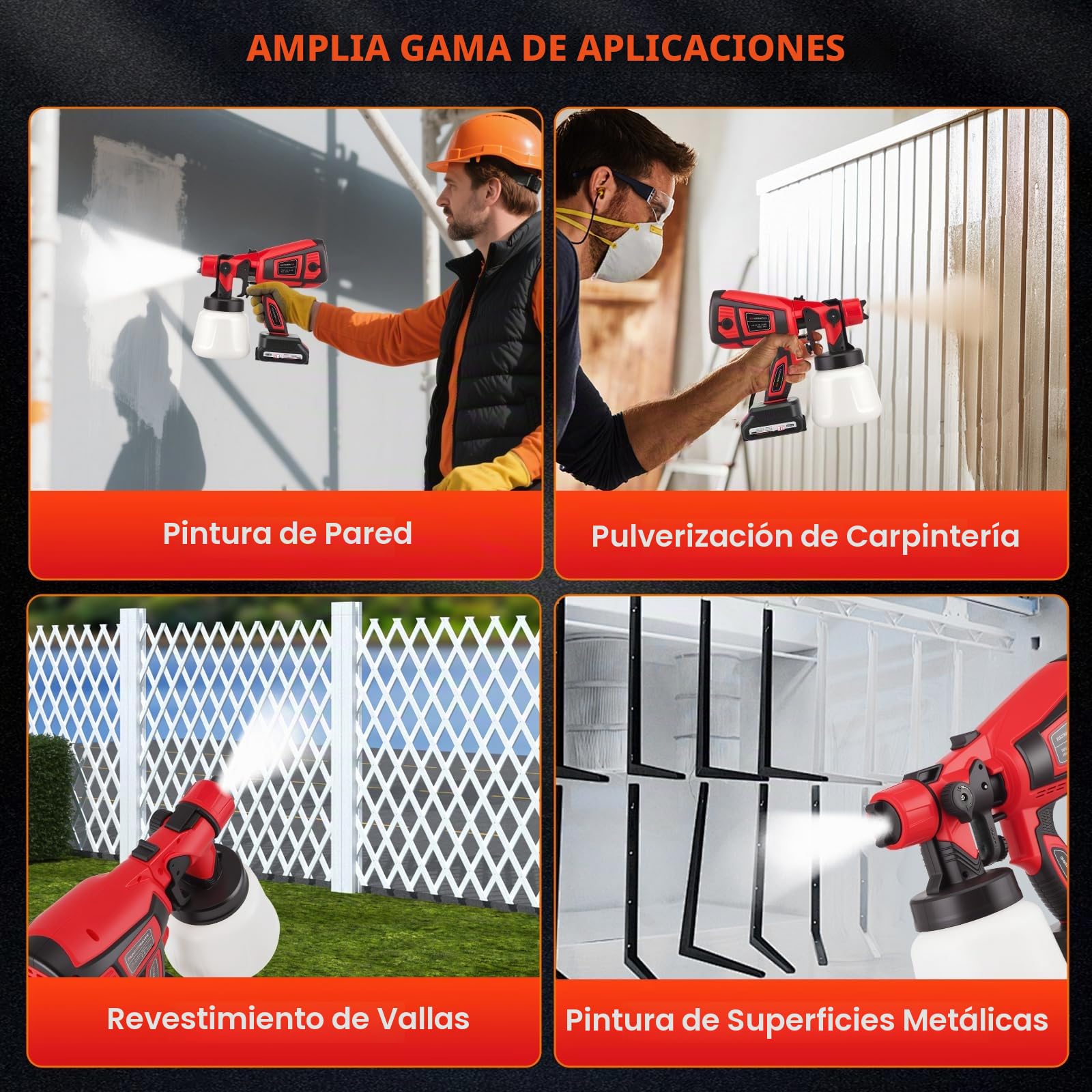 Pistola Pintura Batería 200W, 1000ml sin Cable,Pistola de Pintura Eléctrica con 5 Boquillas y 3 Modos para Paredes, Techos, Muebles, Vallas, Armarios, Uso Interior/Exterior, Incluye 2 Baterías
