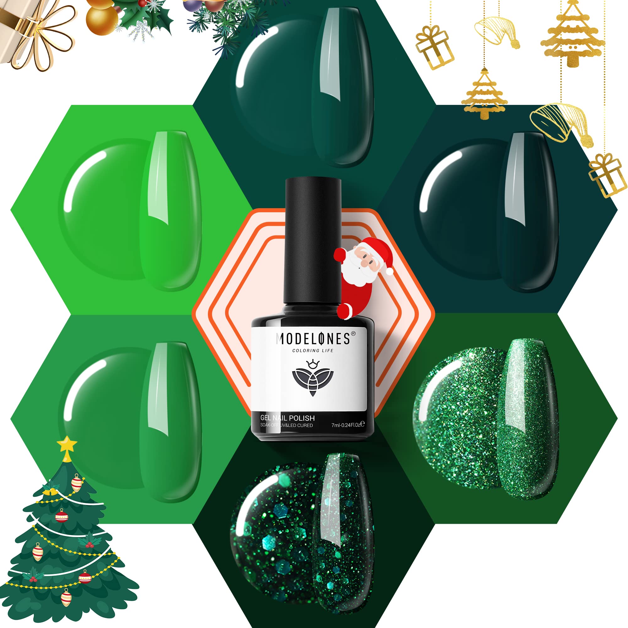 modelones Christmas Gel Nail Polish Kit -6 Colors Green Glitter Gel Polish Set Forest Green Avocado Sparkle Soak Off Gel Nail Kit Manicure DIY Nail Art Salon Home Gift