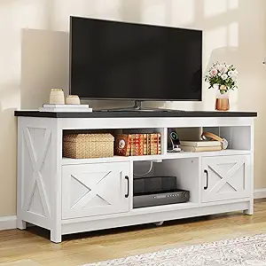 DWVO Farmhouse TV Stand for Television up to 65 Inch, Entertainment Center with Power Outlets and Open Shelf, Rustic TV Cabinet Media Console Table for Living Room, White/Black, 59 Inches