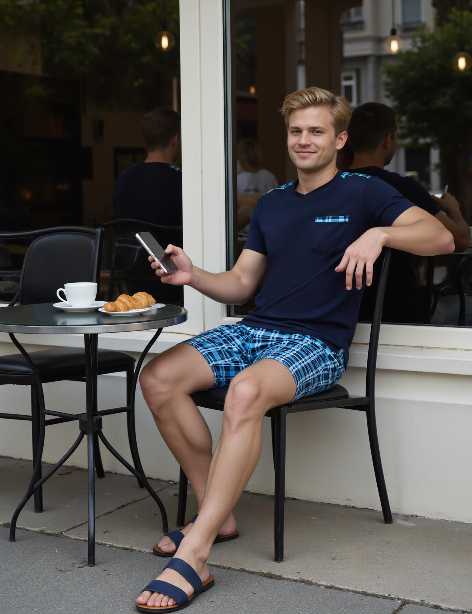 Litherday Schlafanzug Herren Kurz Sommer Baumwolle Pyjama Set Kurzarm Shorty Zweiteiliger T-Shirt Schlafanzughose Loungewear für Männer
