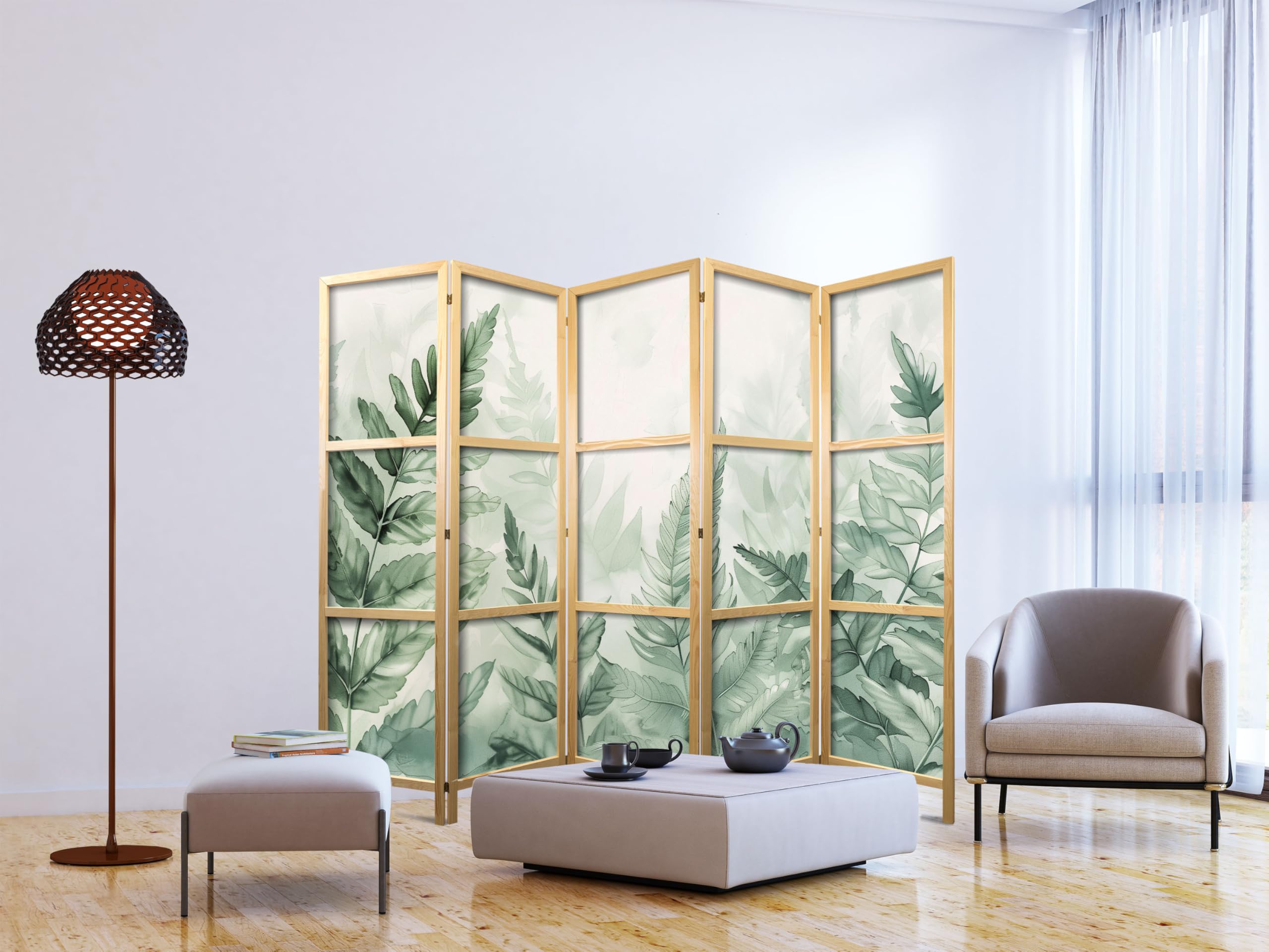 murando - Paravent Japonais Décoratif Intérieur, Feuillage, 225x172 cm | 5 Panneaux, Toile Imprimée, Séparation de Pièce, Impression sur une Seule Face, Pliable, Cadre en Bois, Moderne pour Salon
