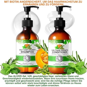 P-Beauty Hair Care Set Shampoo & Conditioner with Biotin Rosemary Mint Pumpkin Seed Oil Vegan - Promotes Hair Growth Moisturises Damaged Hair Repairs Split Ends - All Hair Types