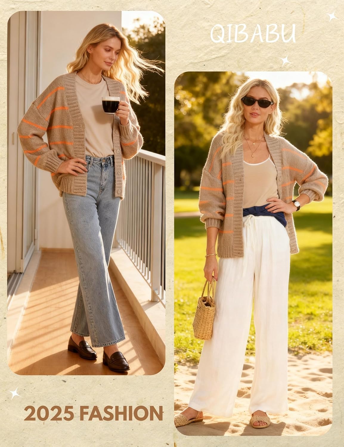 QIBABU Womens Striped Cardigan Sweaters Oversized V Neck Open Front Button Down Knit Outwear - Image 5